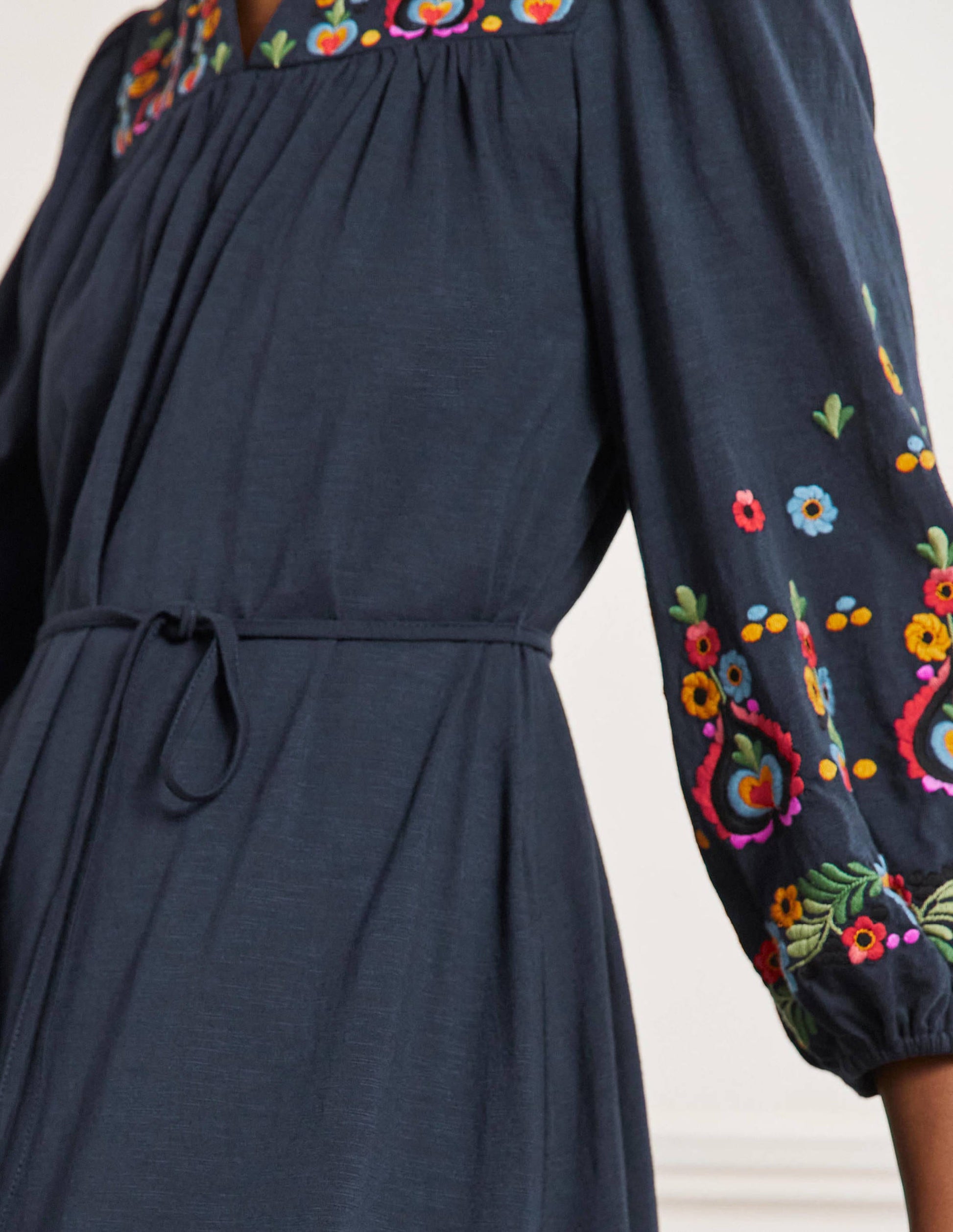 Embroidered Jersey Midi Dress-Navy-4