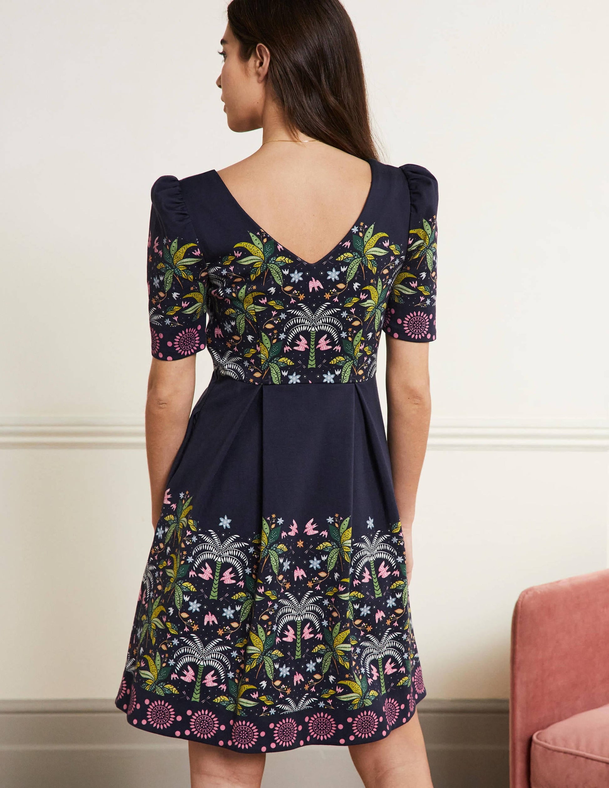 Puff Shoulder Jersey Dress-Navy, Oriental Palm-3