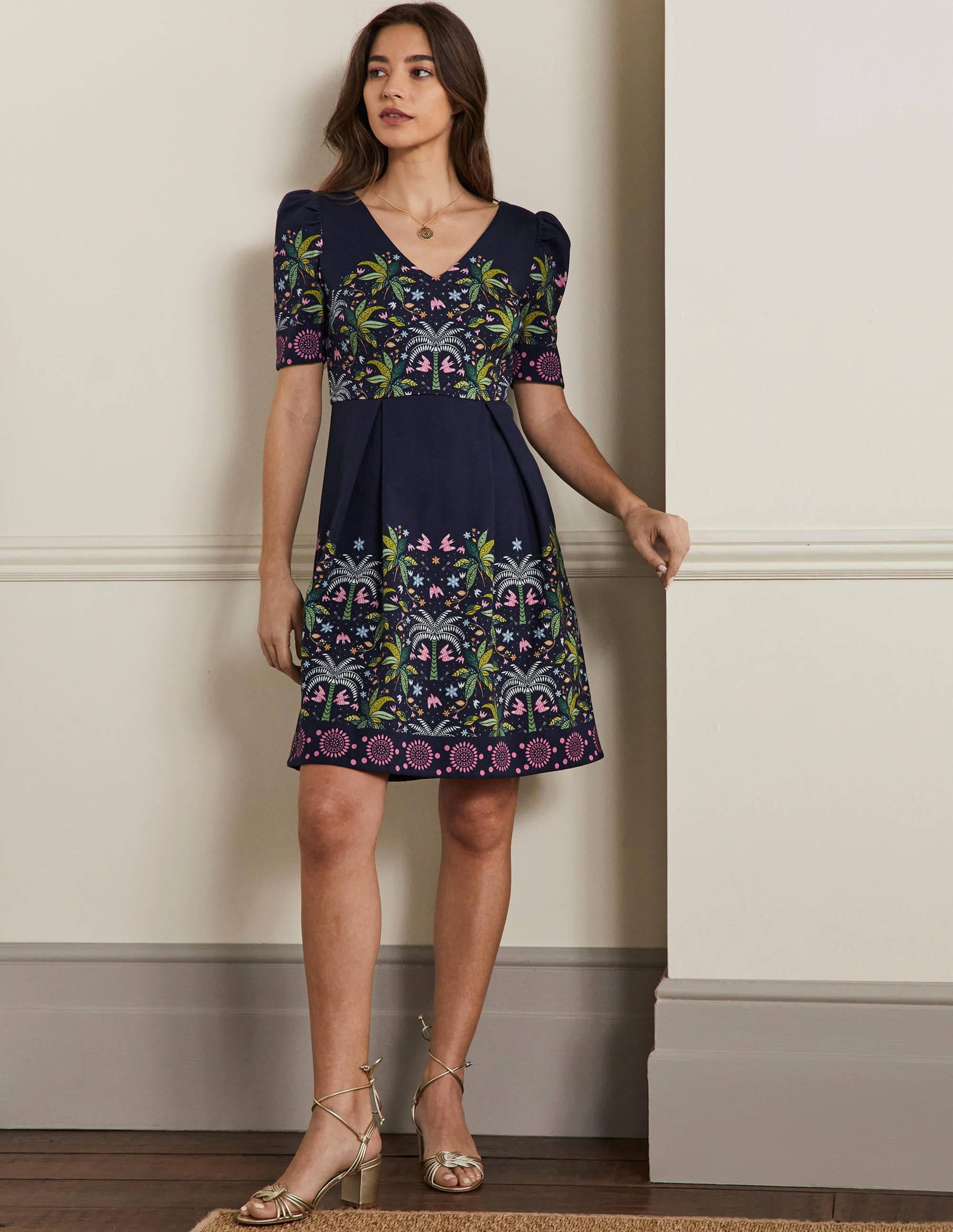 Puff Shoulder Jersey Dress-Navy, Oriental Palm - Image 4