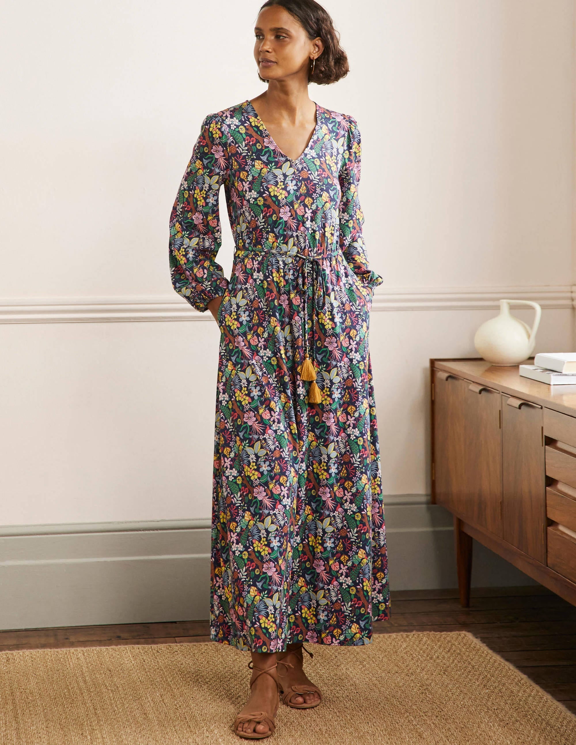 Belted Jersey Maxi Dress-Navy Exotic Paradise - Image 1