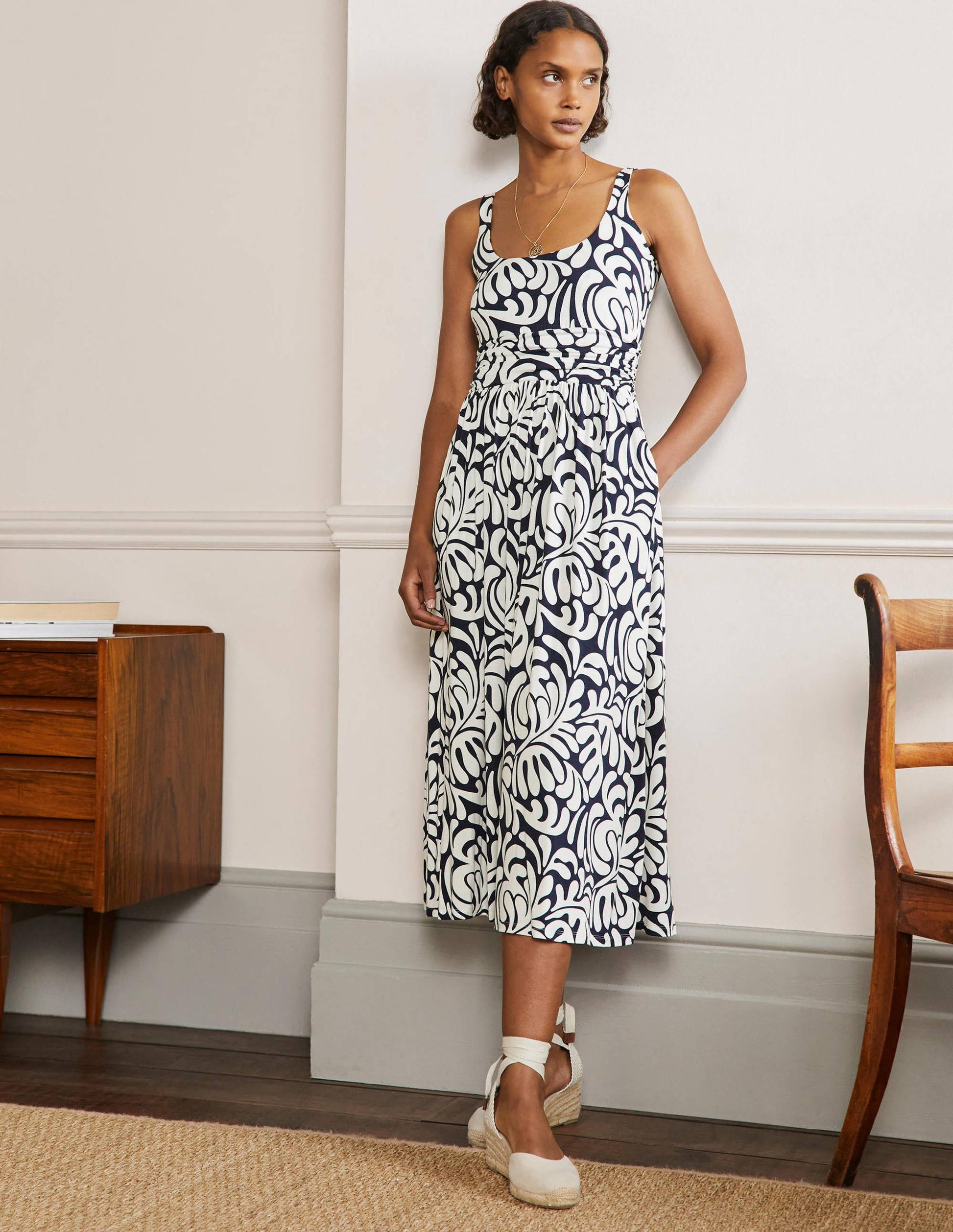 Scoop Neck Jersey Midi Dress-Navy, Palm Swirl-1