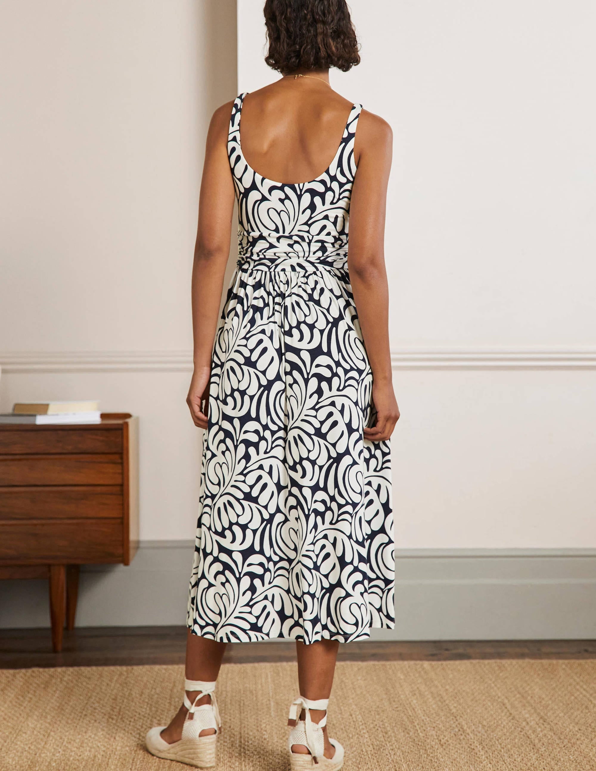 Scoop Neck Jersey Midi Dress-Navy, Palm Swirl - Image 3