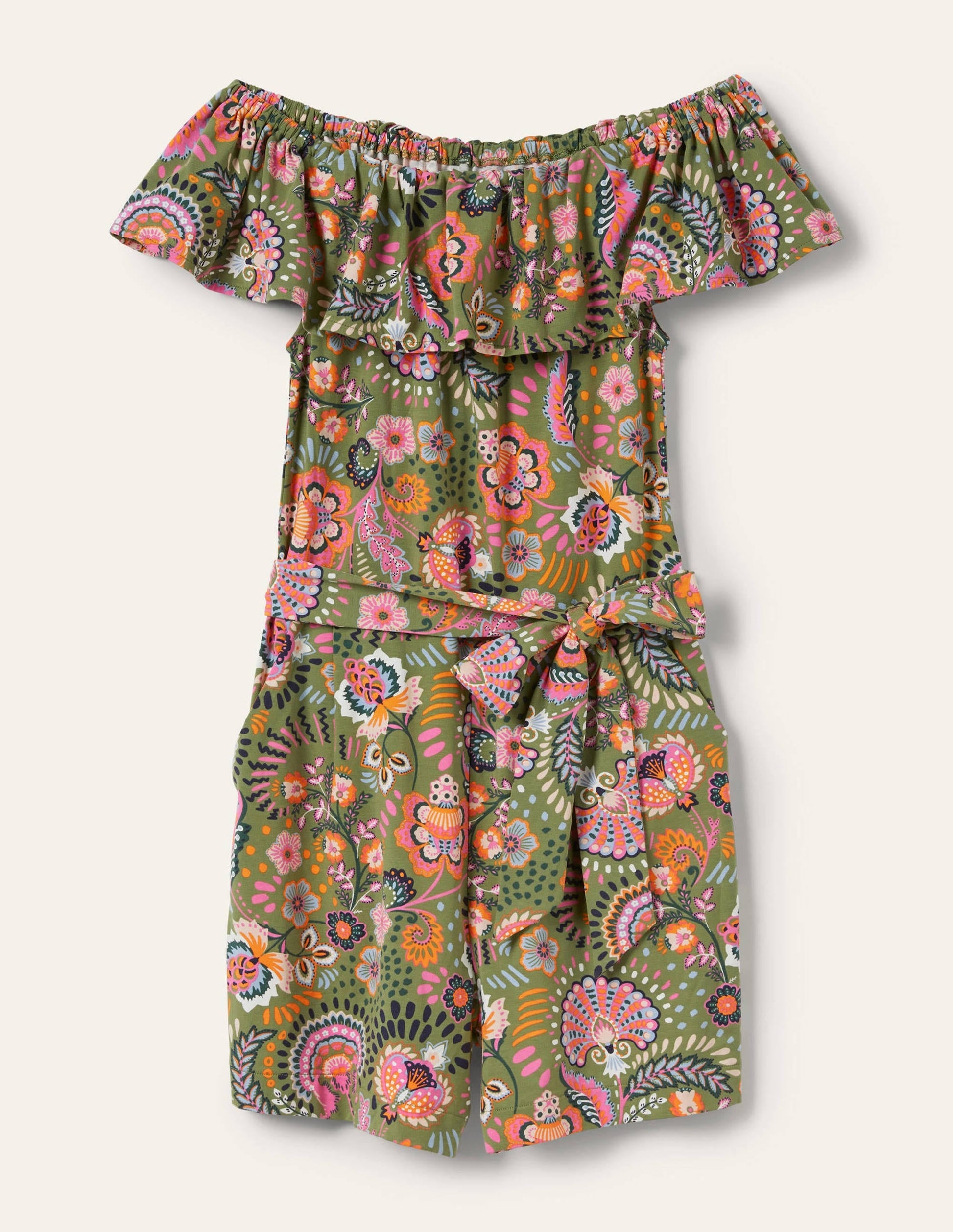 Ruffle Neck Jersey Playsuit-Pea, Decorative Meadow-6