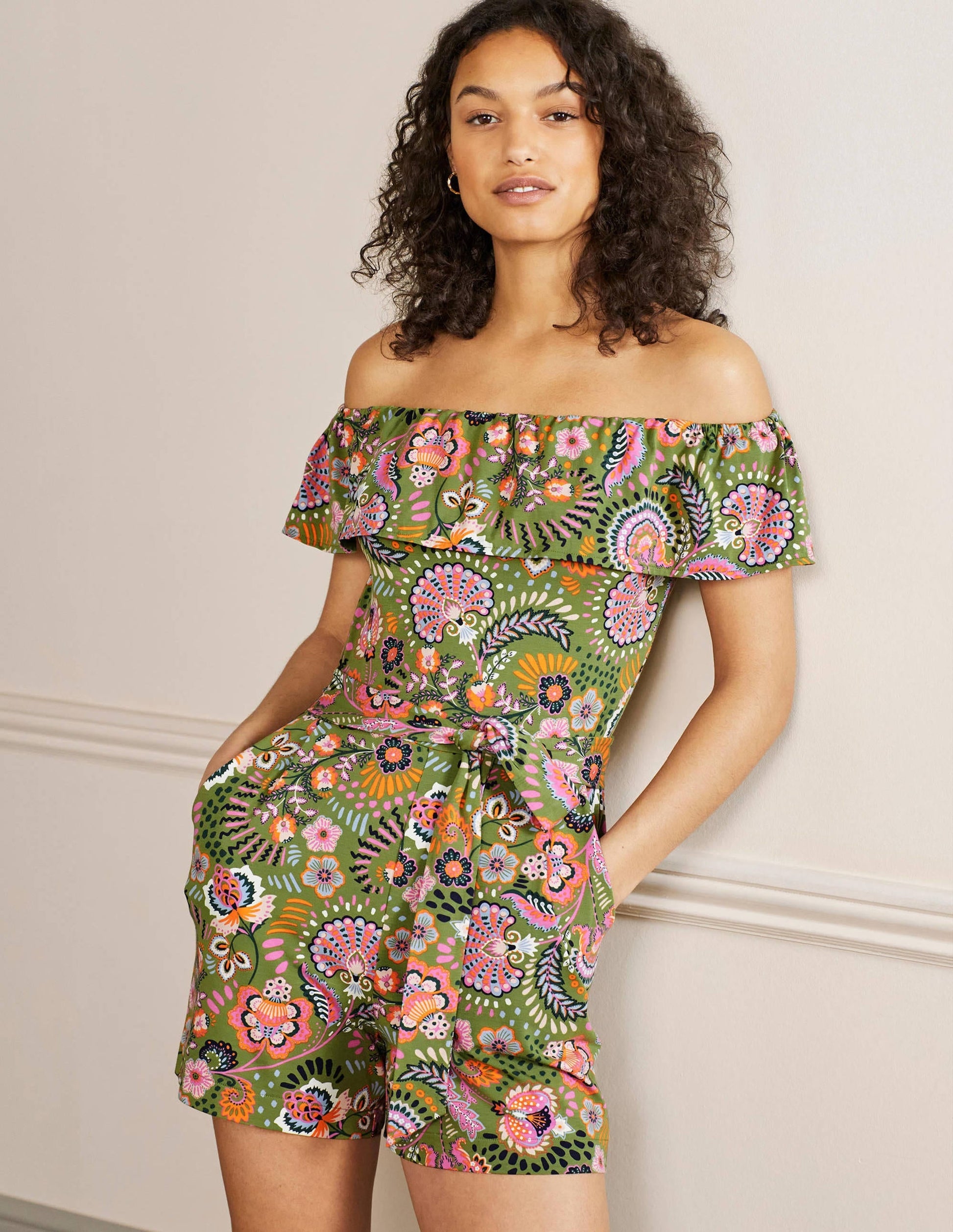 Ruffle Neck Jersey Playsuit-Pea, Decorative Meadow-1