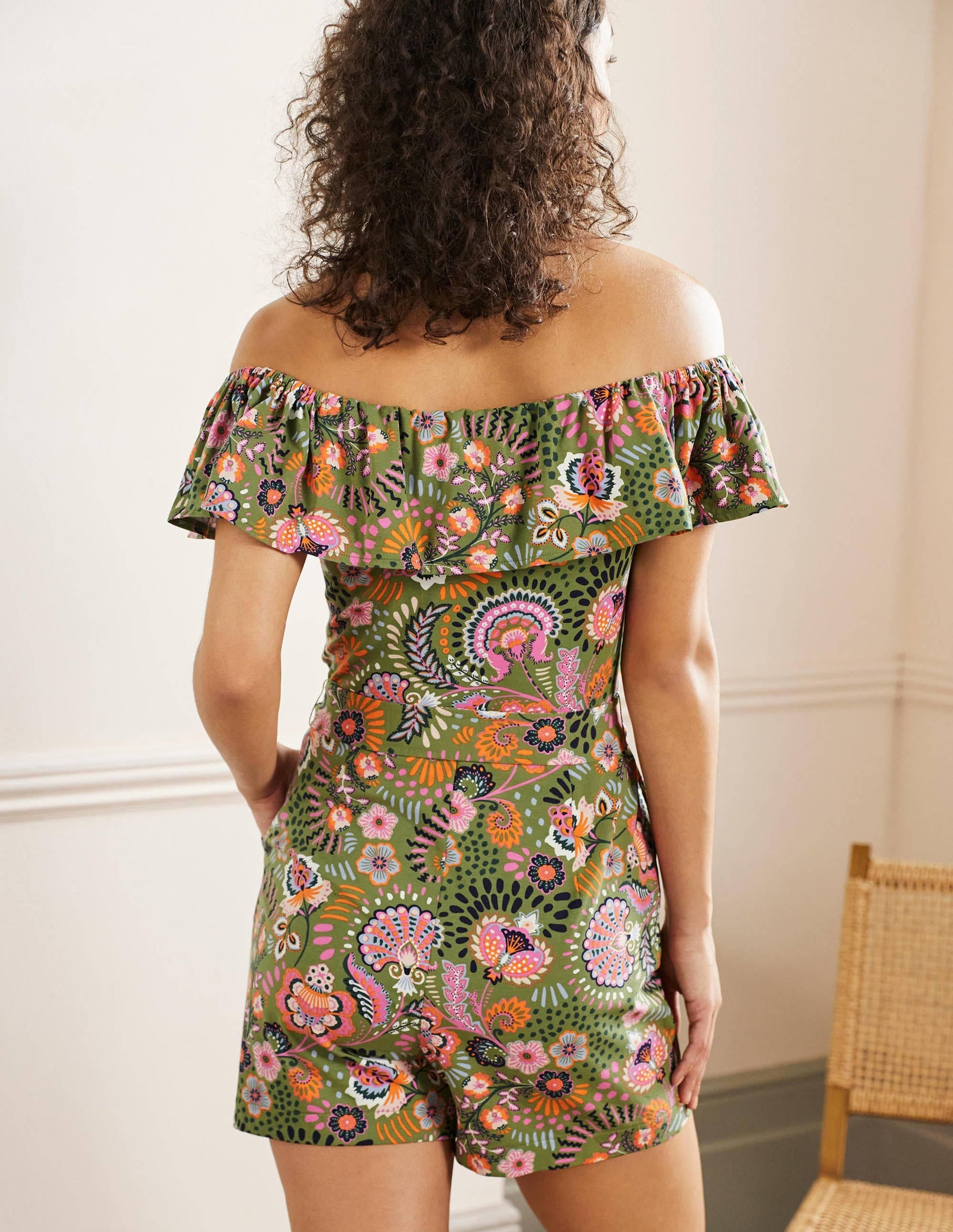 Ruffle Neck Jersey Playsuit-Pea, Decorative Meadow-3
