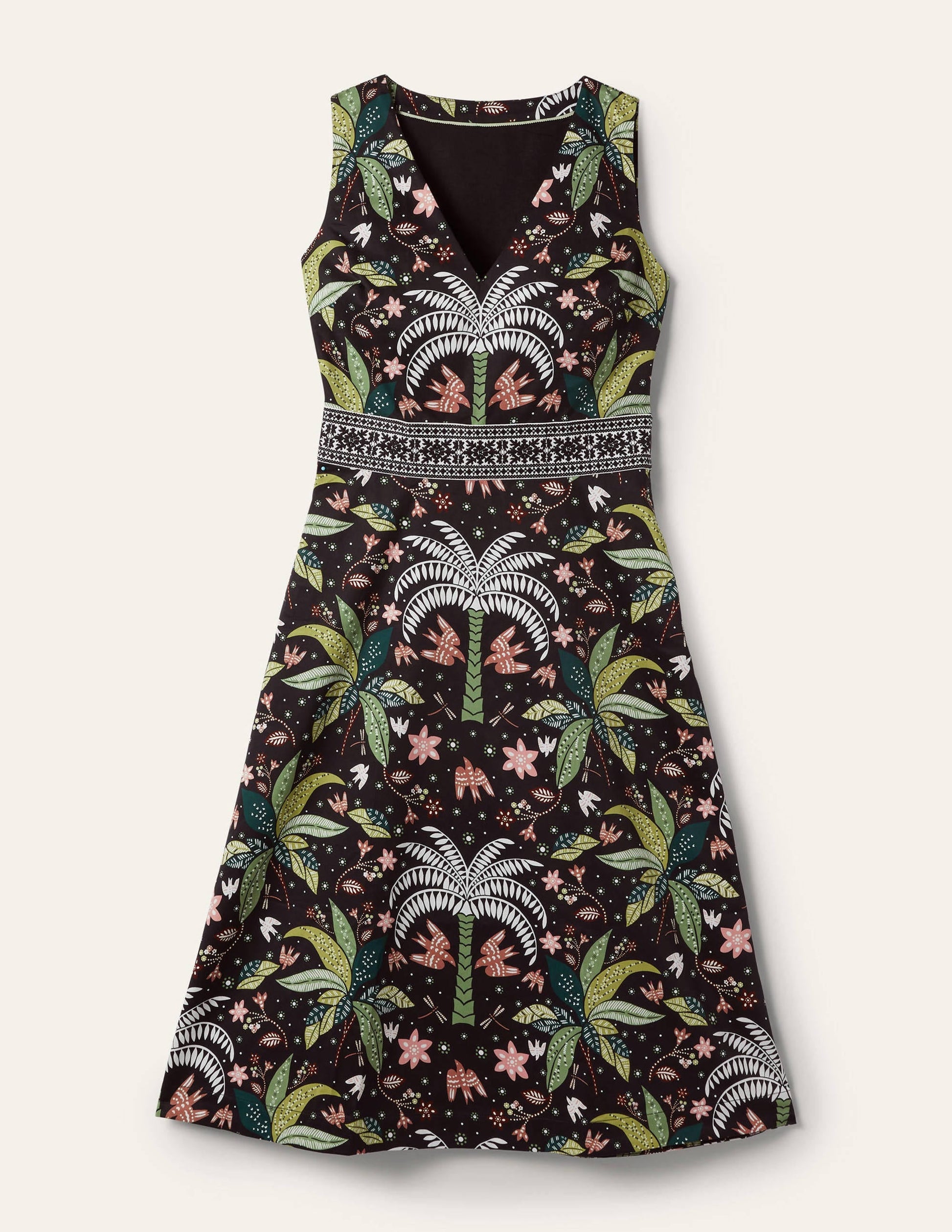 Embroidered Waist Midi Dress-Black, Oriental Palm-6