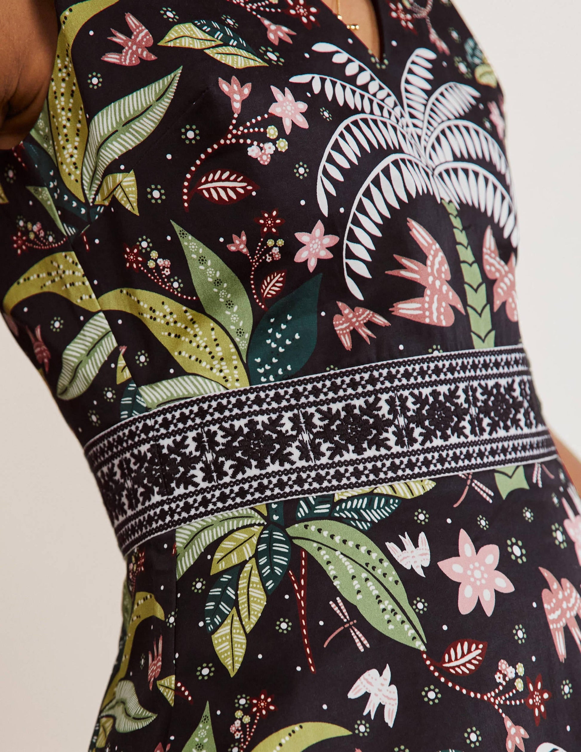 Embroidered Waist Midi Dress-Black, Oriental Palm-2