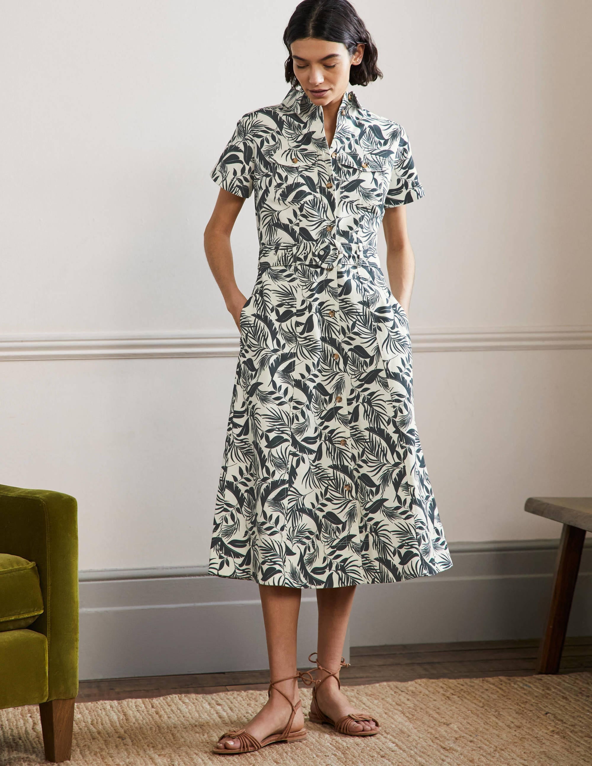 Belted Midi Shirt Dress-Garden, Tropic Foliage - Image 1