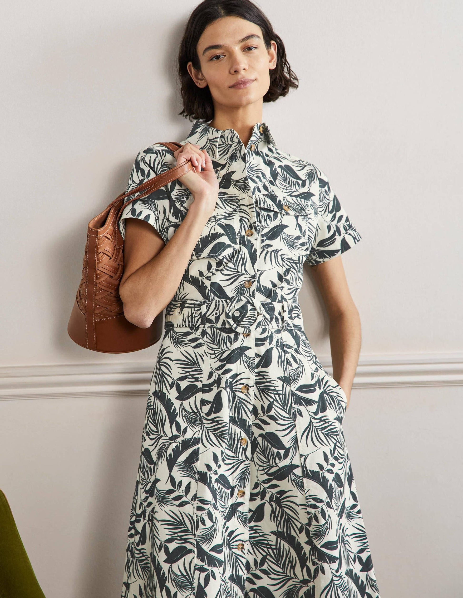Belted Midi Shirt Dress-Garden, Tropic Foliage-4