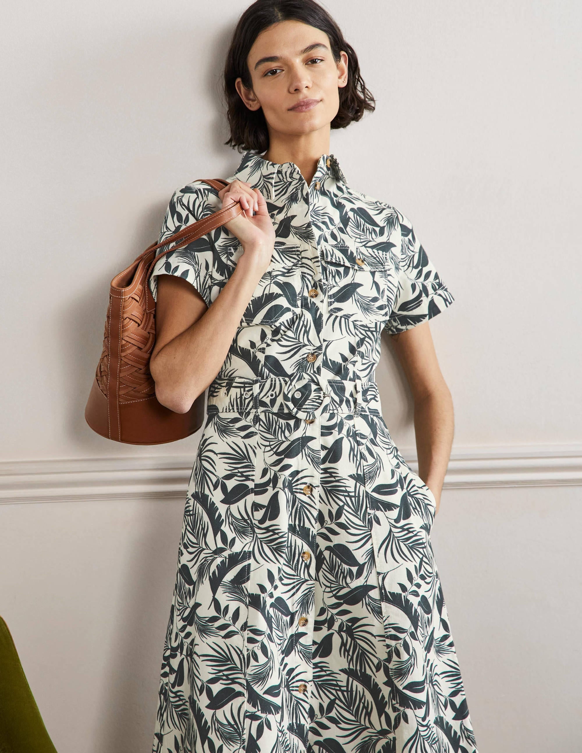 Belted Midi Shirt Dress-Garden, Tropic Foliage - Image 4