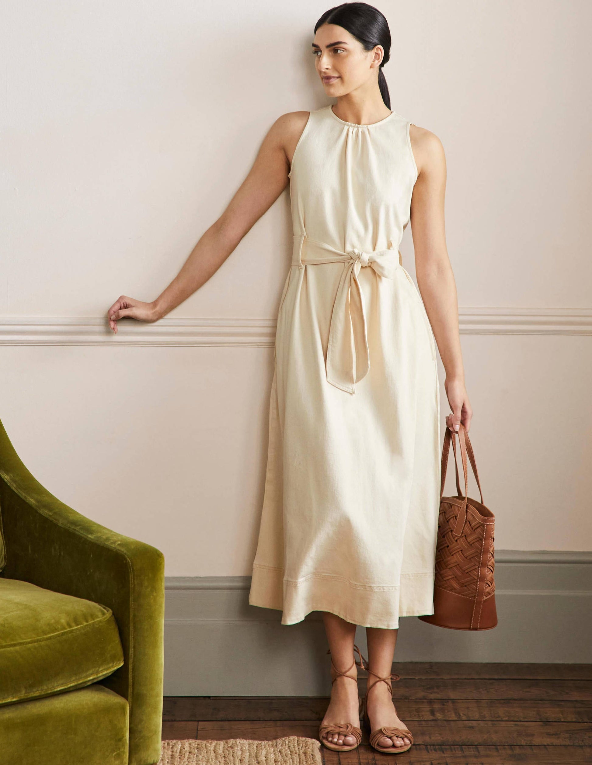Sleeveless Belted Midi Dress-Ecru-1