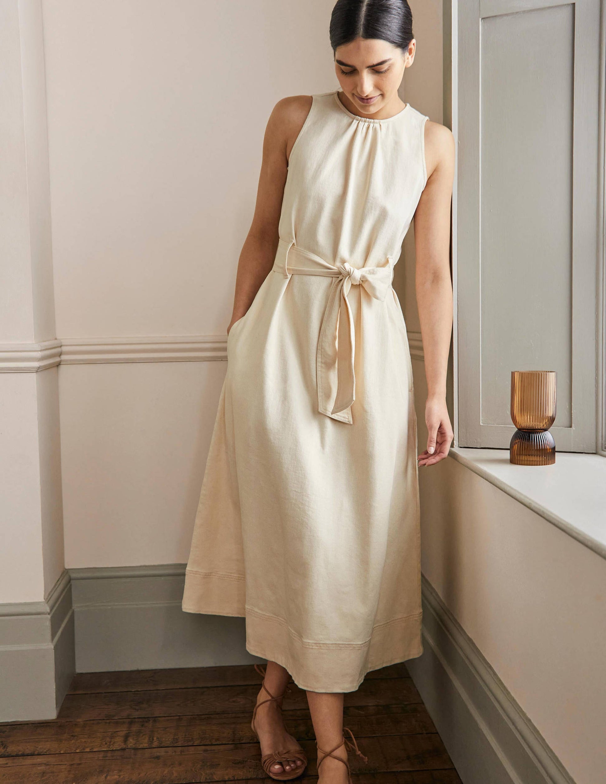Sleeveless Belted Midi Dress-Ecru-4