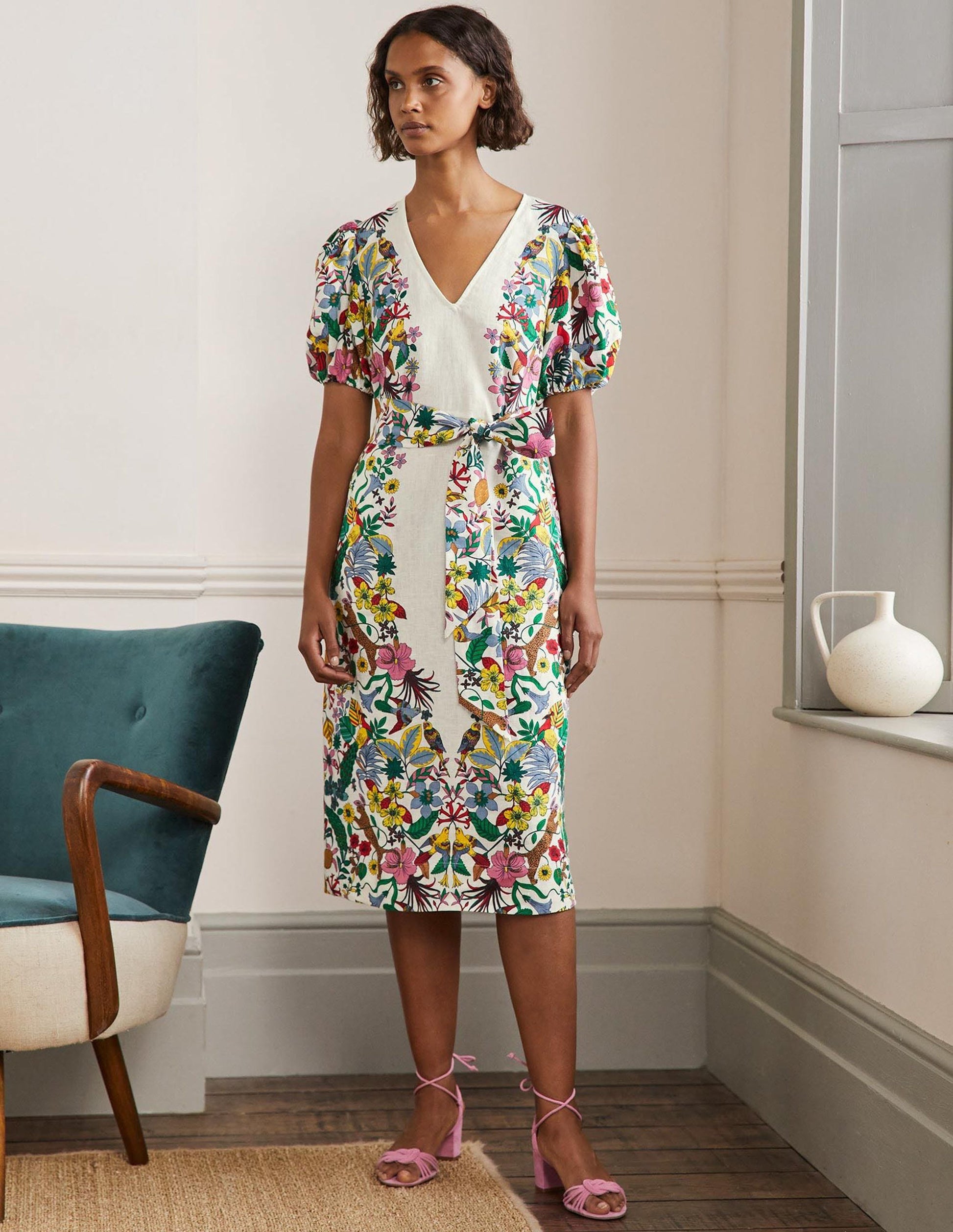 Puff Sleeve Linen Midi Dress-Ivory, Exotic Paradise-9