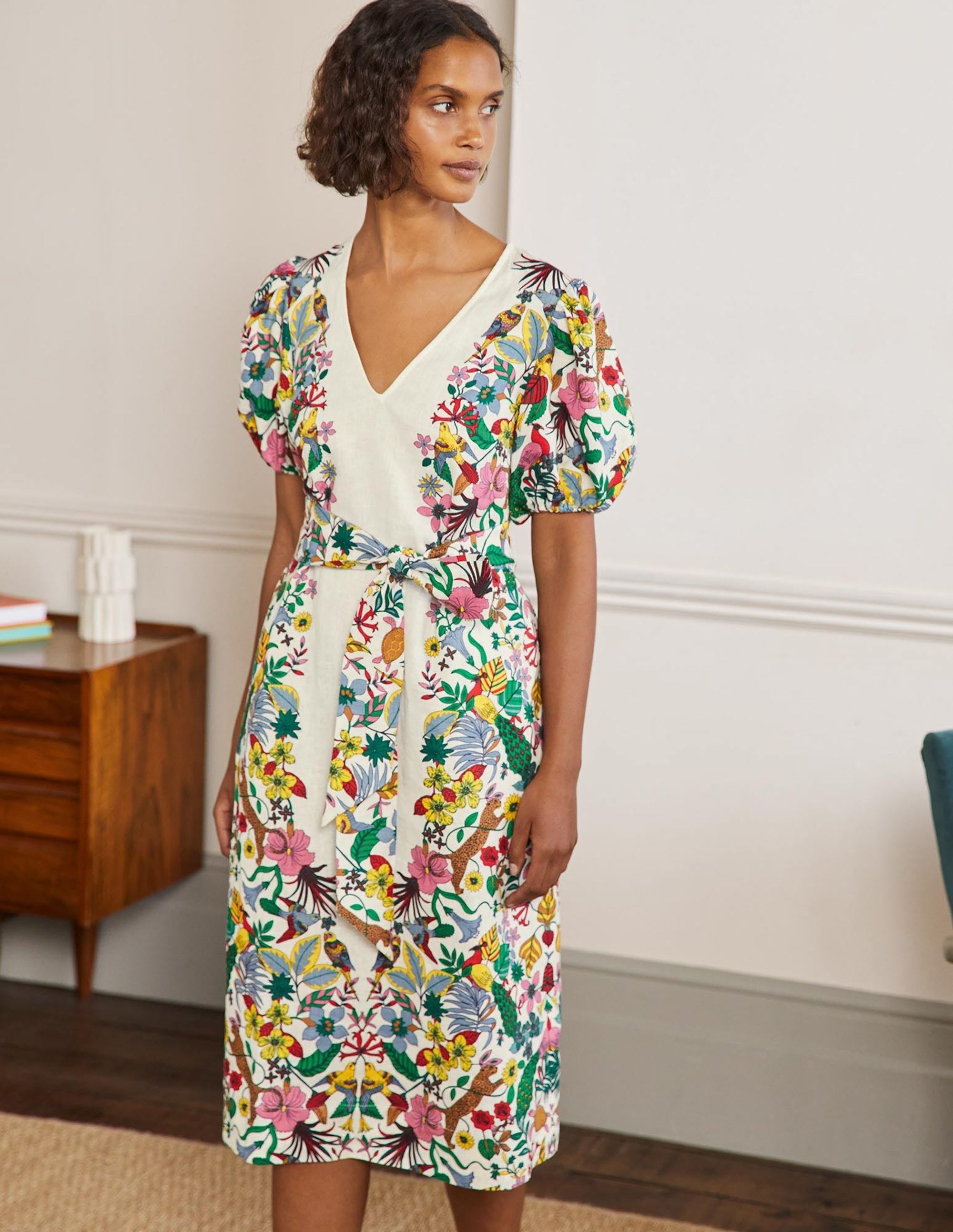 Puff Sleeve Linen Midi Dress-Ivory, Exotic Paradise - Image 1