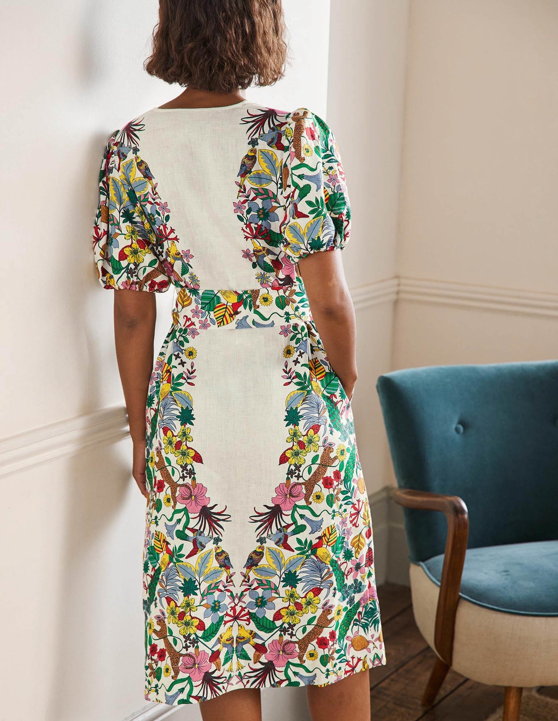 Puff Sleeve Linen Midi Dress-Ivory, Exotic Paradise-3