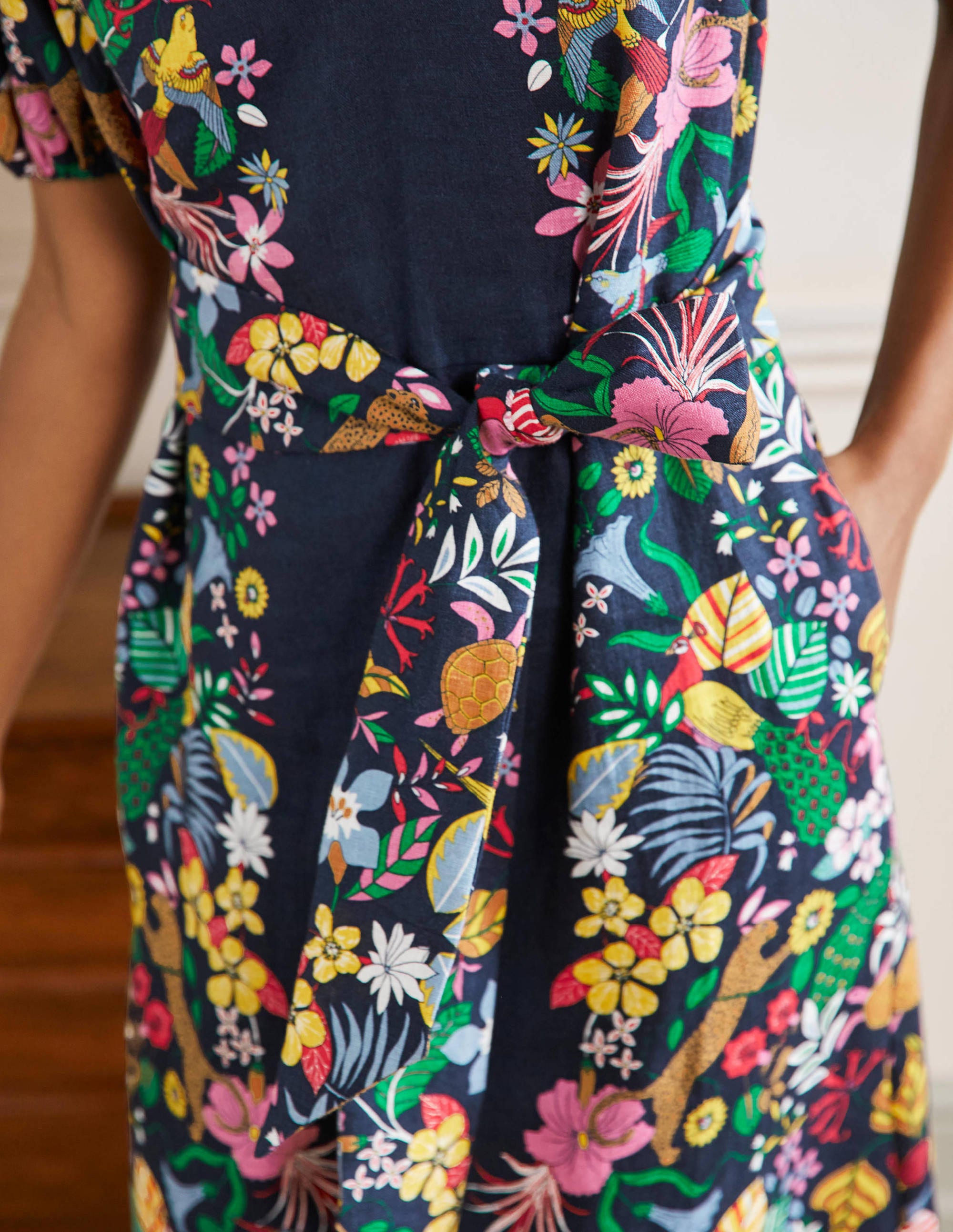 Puff Sleeve Linen Midi Dress-Navy, Exotic Paradise - Image 10