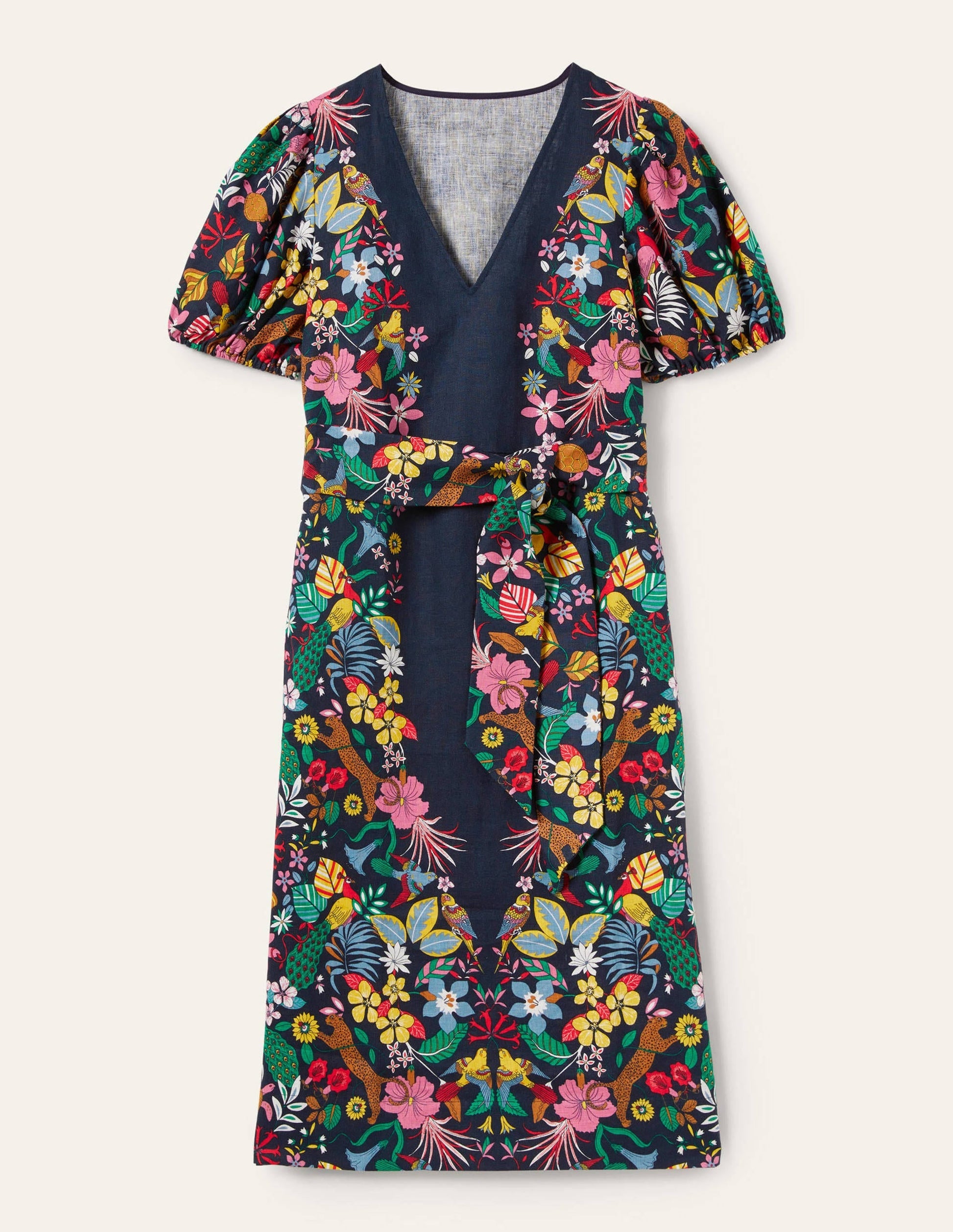 Puff Sleeve Linen Midi Dress-Navy, Exotic Paradise-11