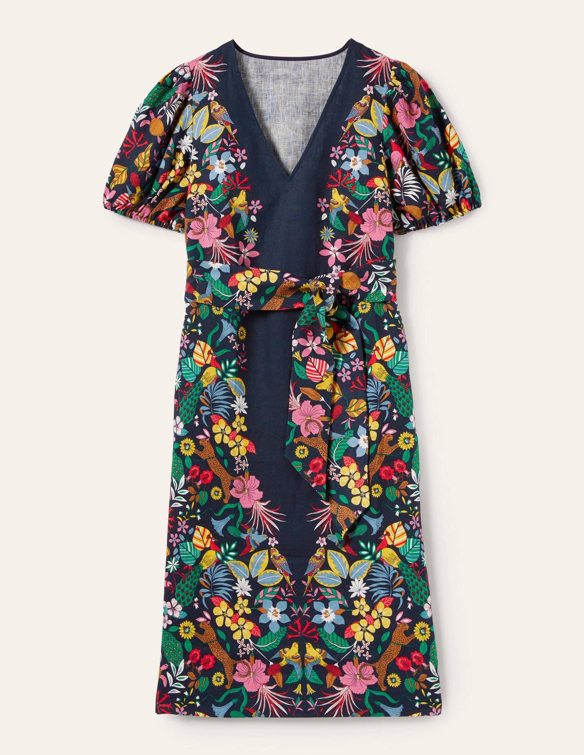 Puff Sleeve Linen Midi Dress-Navy, Exotic Paradise - Image 11
