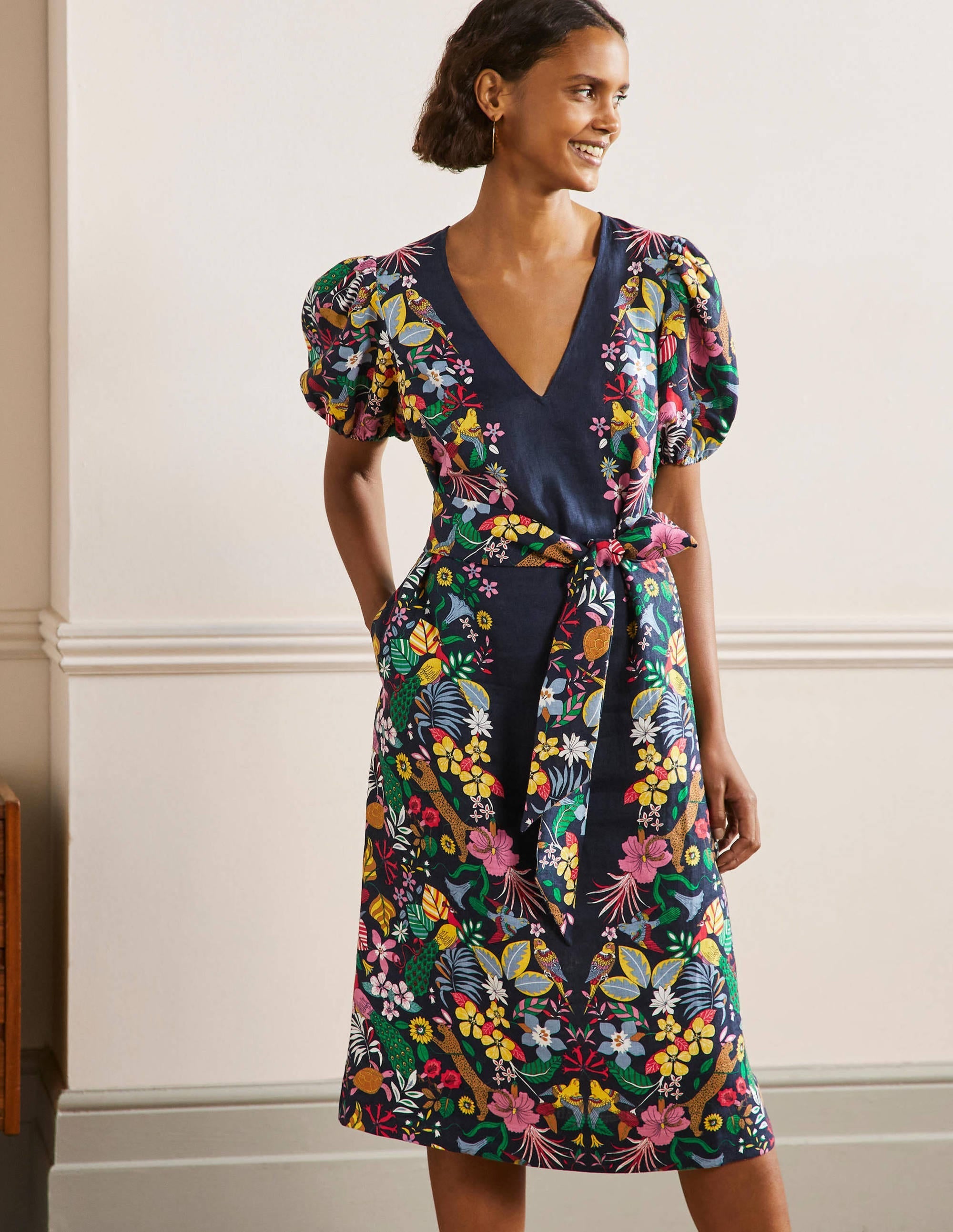 Puff Sleeve Linen Midi Dress-Navy, Exotic Paradise - Image 1