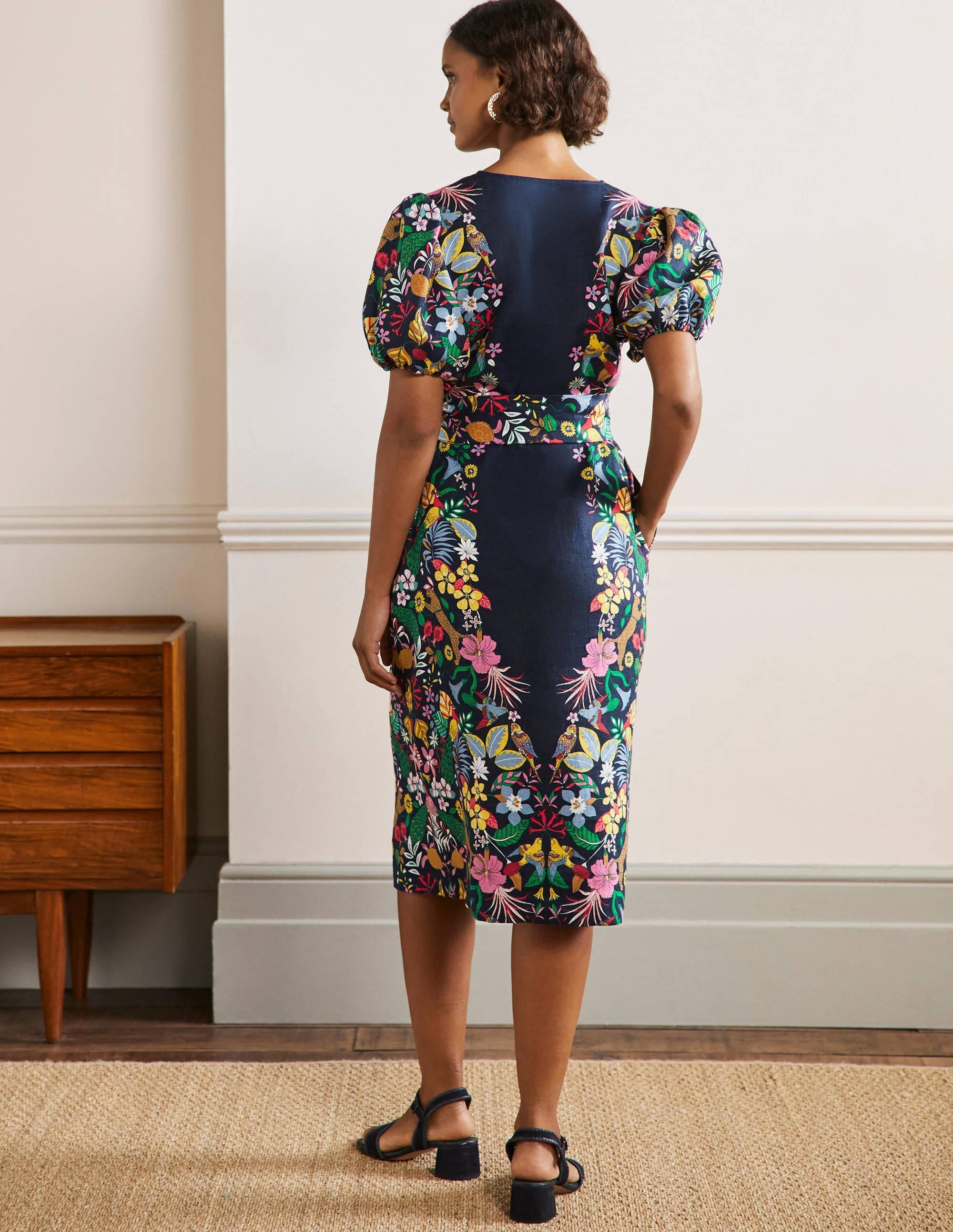 Puff Sleeve Linen Midi Dress-Navy, Exotic Paradise - Image 3