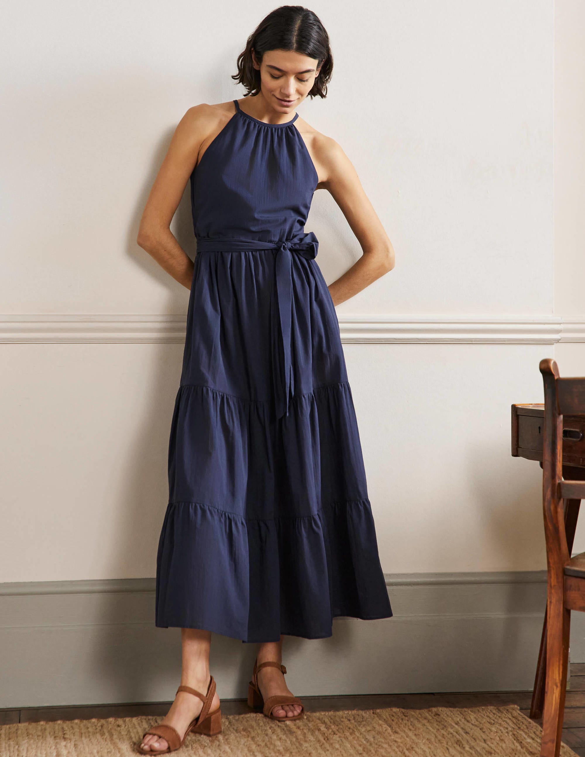 Halterneck Tiered Maxi Dress-Navy - Image 1