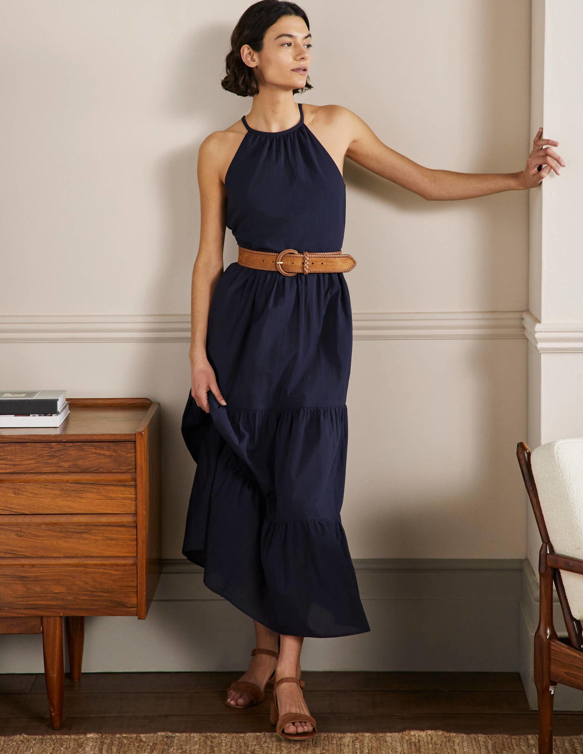 Halterneck Tiered Maxi Dress-Navy-5