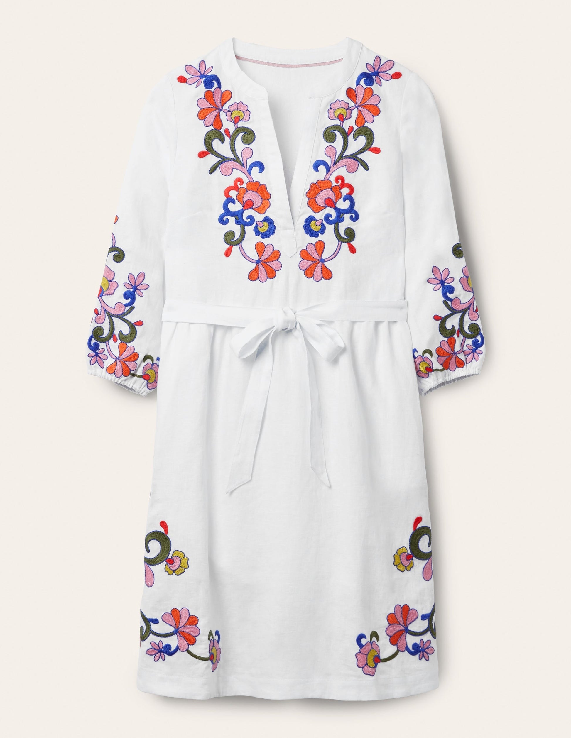 Embroidered Linen Dress-White-7