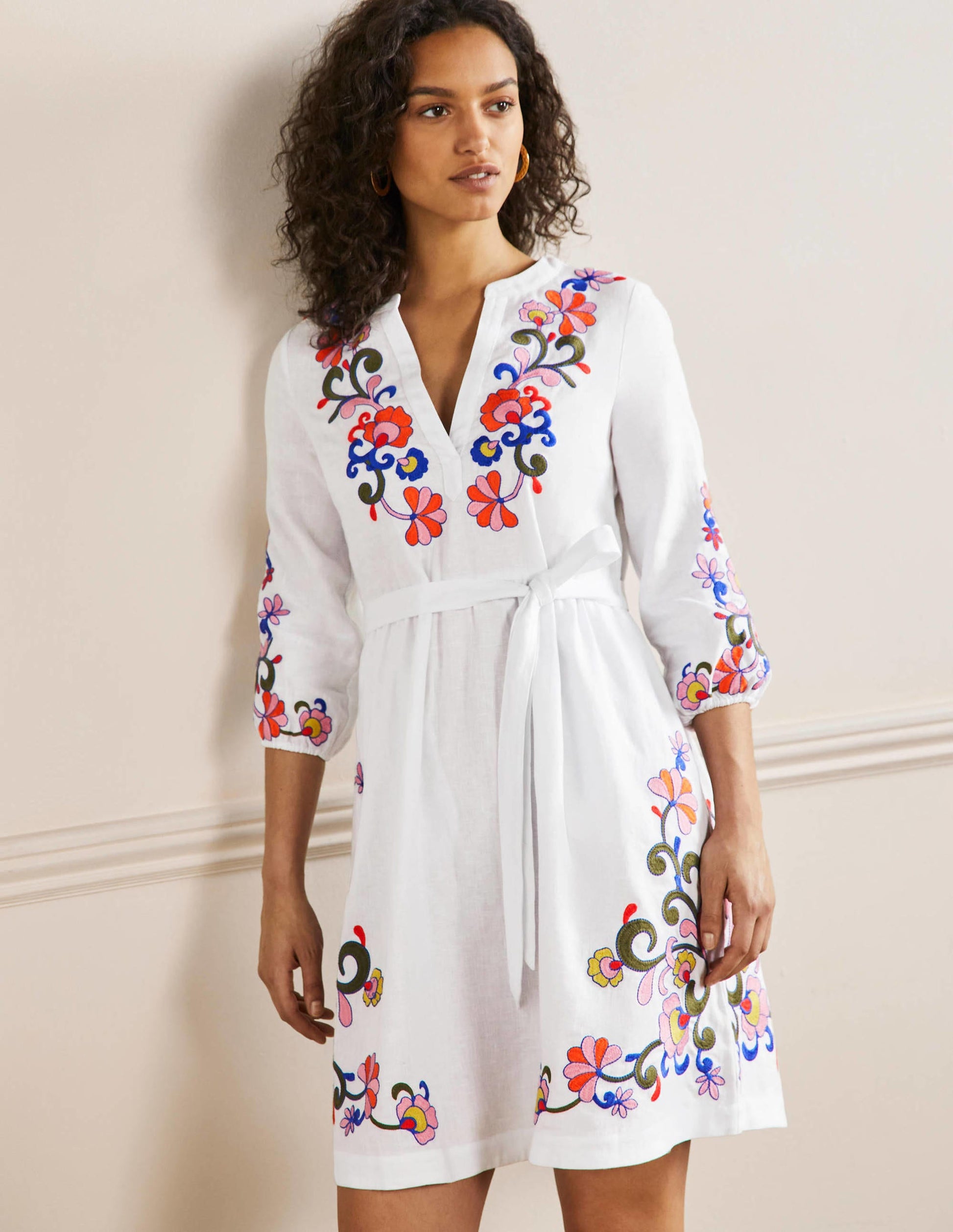 Embroidered Linen Dress-White-1