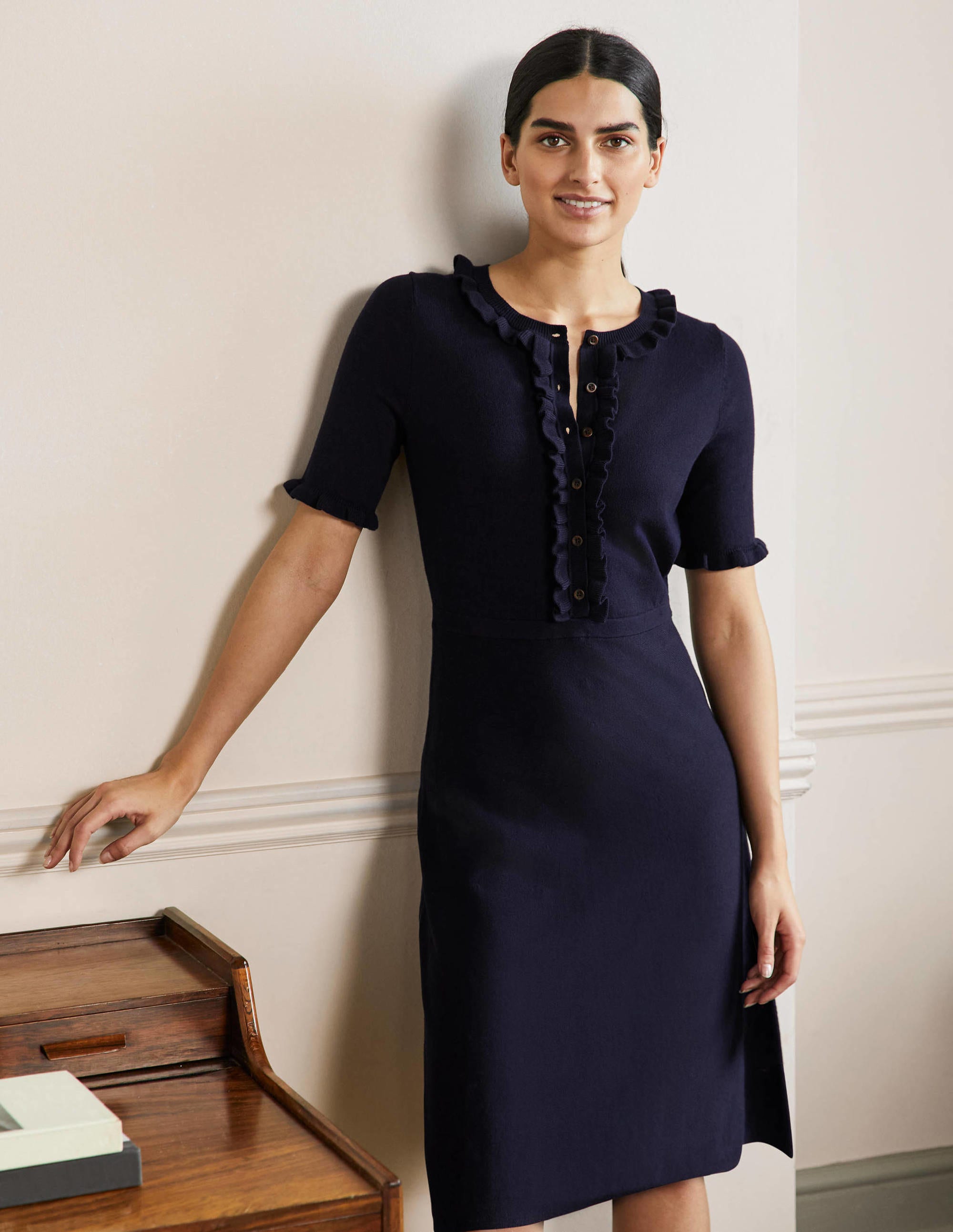 Frill Detail Knitted Dress-Navy - Image 1