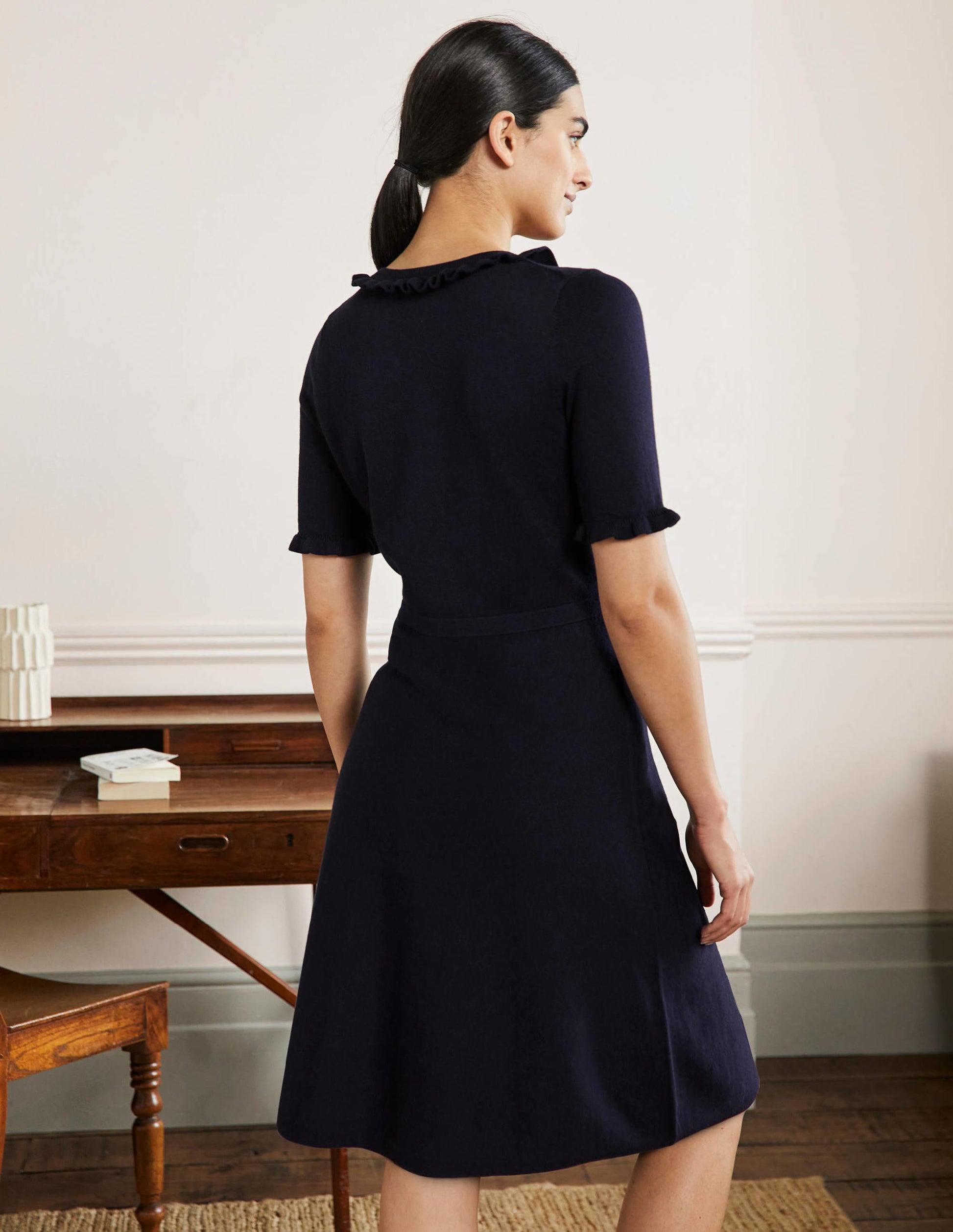 Frill Detail Knitted Dress-Navy-3