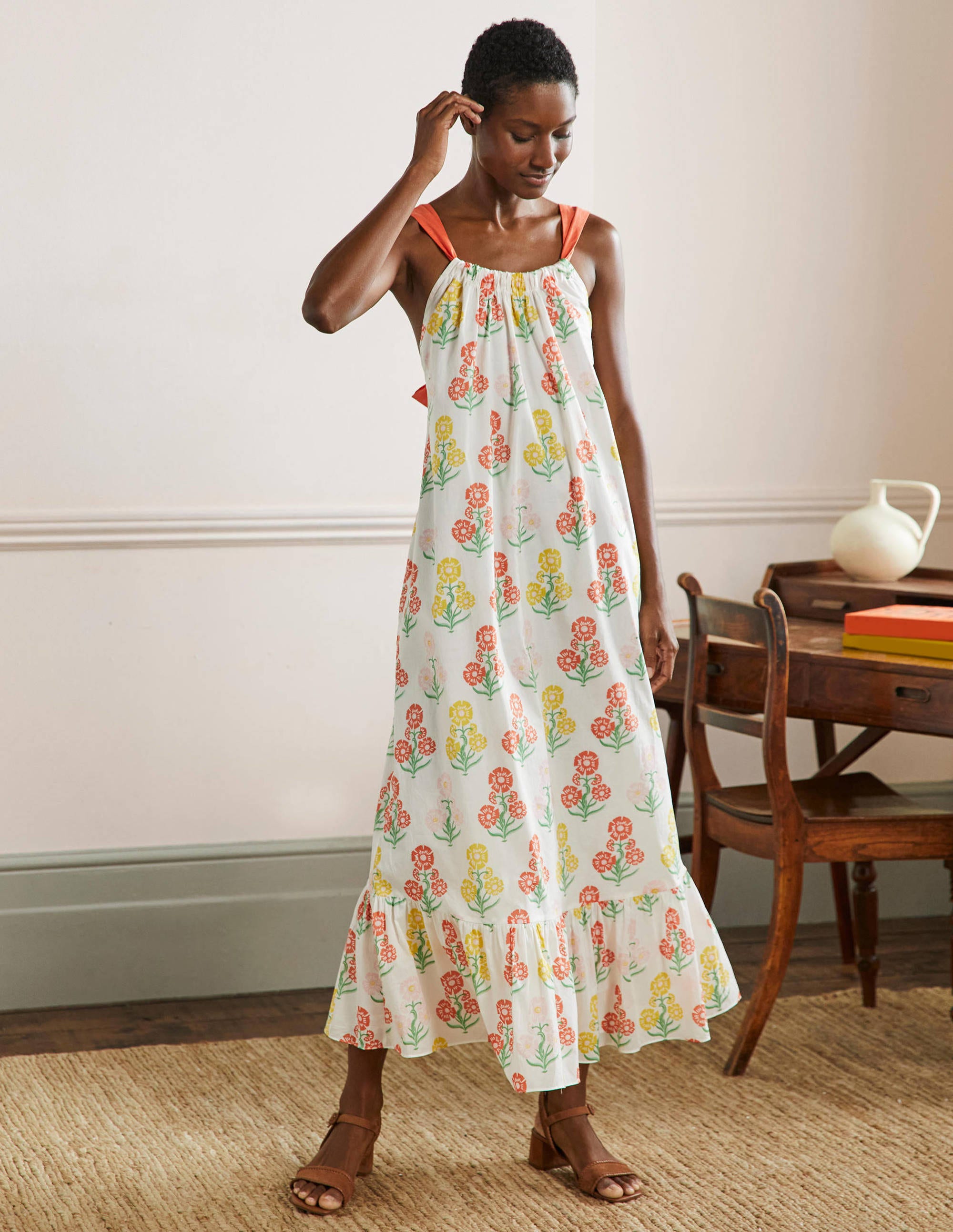 Nadine Tie Back Maxi  Dress-Molly Mahon Flower Woodblock - Image 1