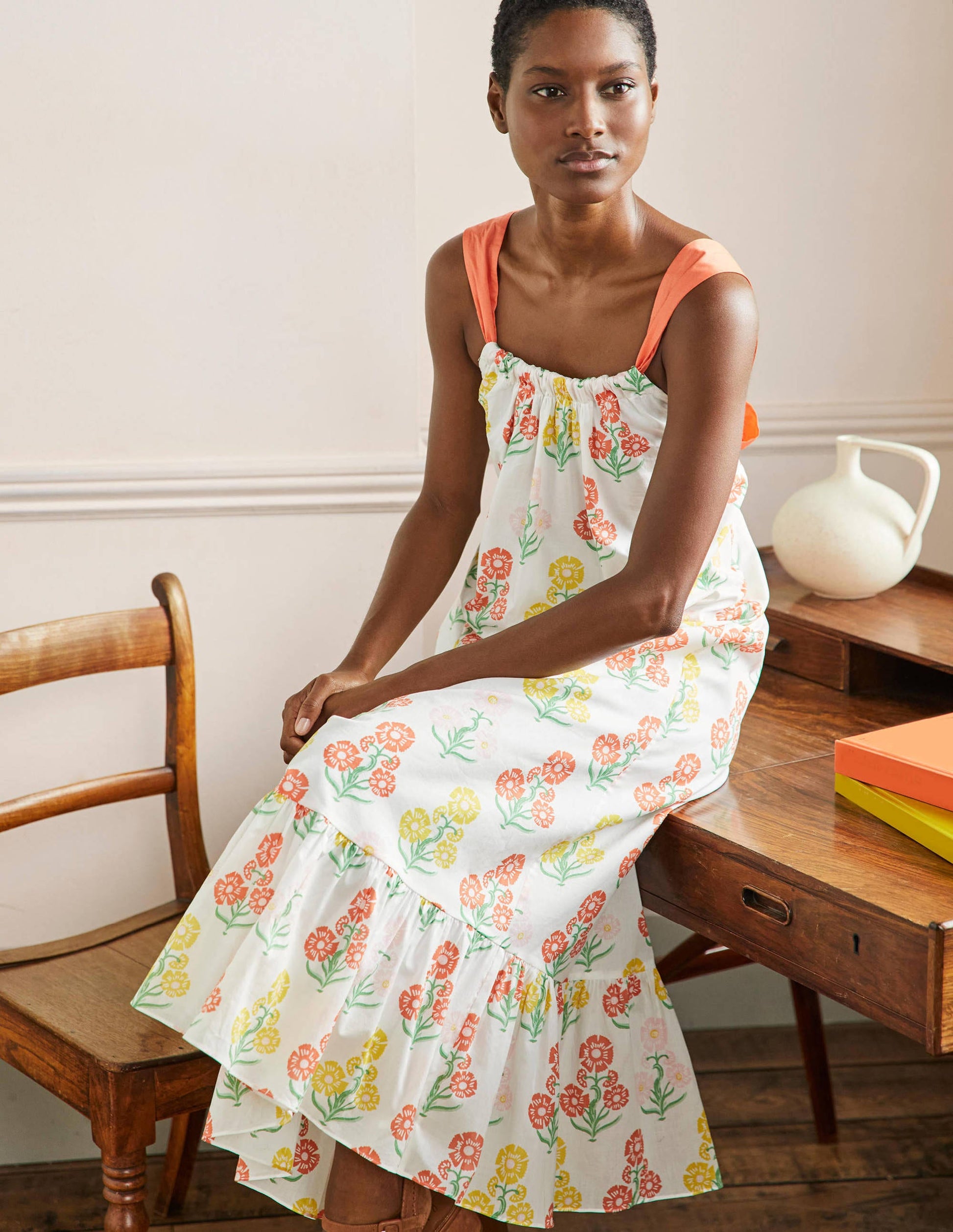 Nadine Tie Back Maxi  Dress-Molly Mahon Flower Woodblock-4