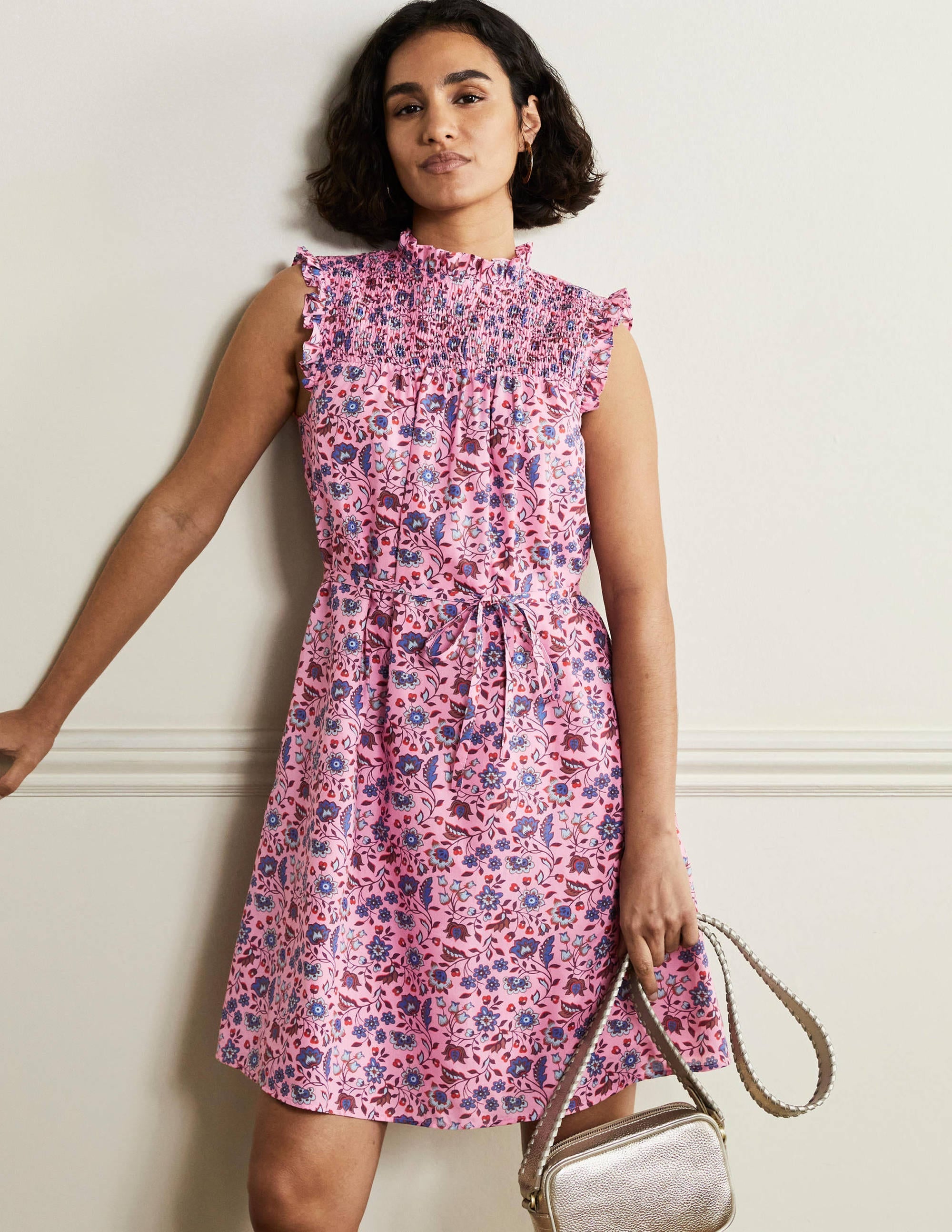 Sleeveless Smocked Mini Dress-Formica Pink Oriental Meadow - Image 1