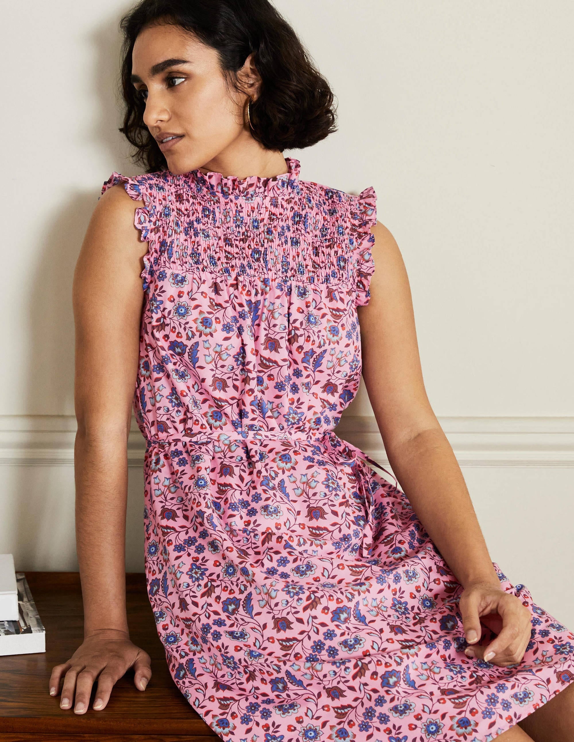 Sleeveless Smocked Mini Dress-Formica Pink Oriental Meadow - Image 4
