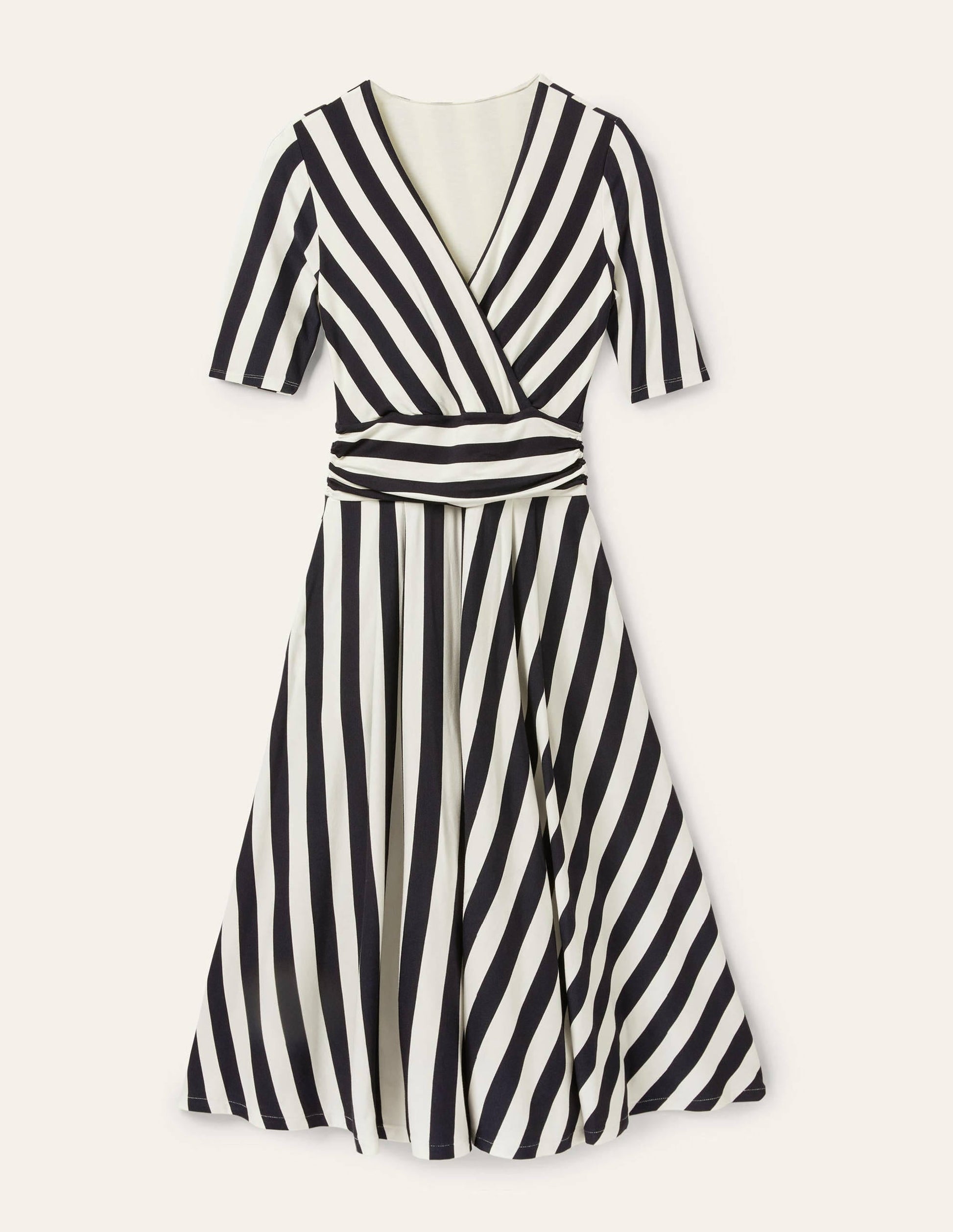 Ruched Waist Jersey Midi Dress-Navy and Ivory Stripe-5