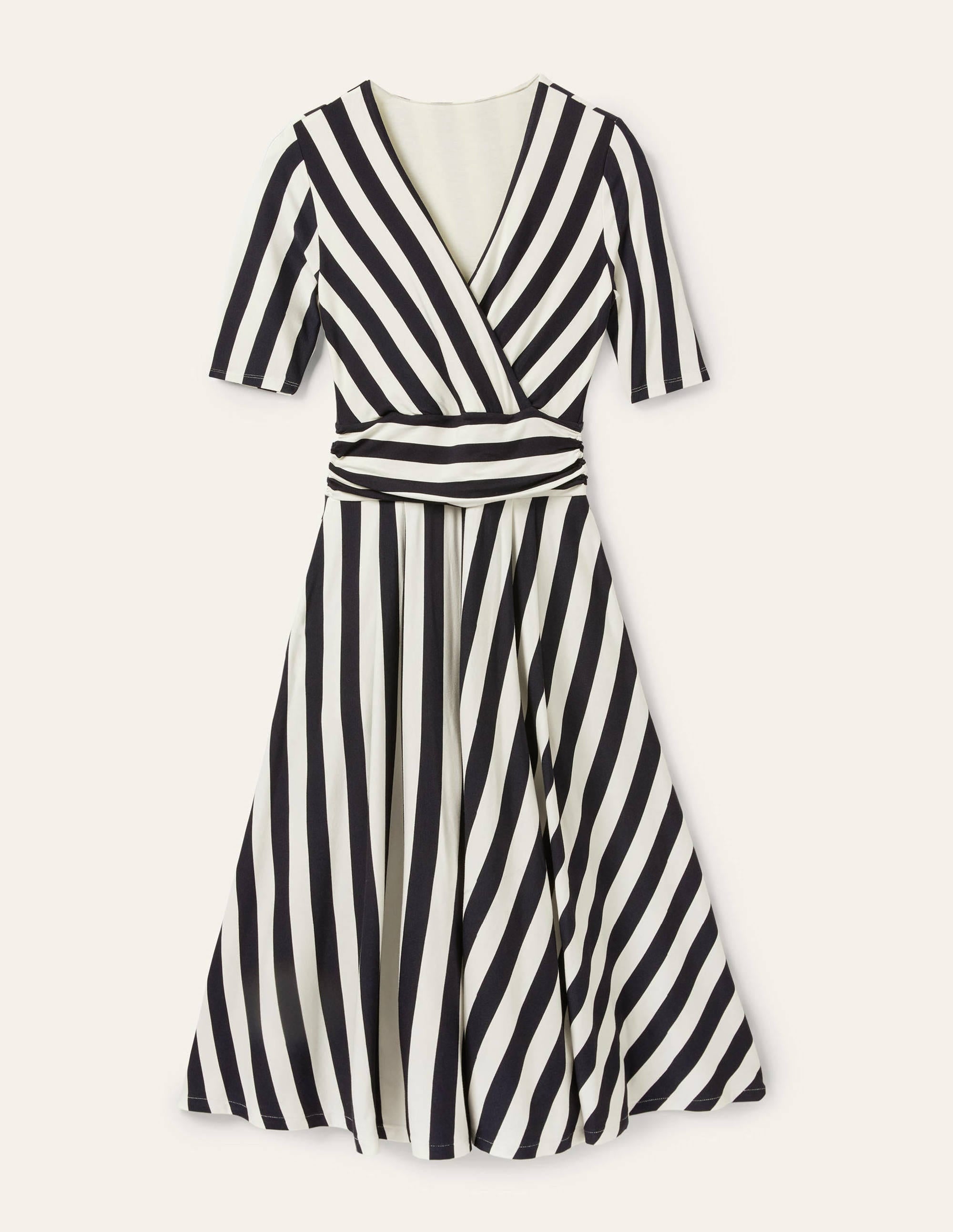 Ruched Waist Jersey Midi Dress-Navy and Ivory Stripe - Image 5