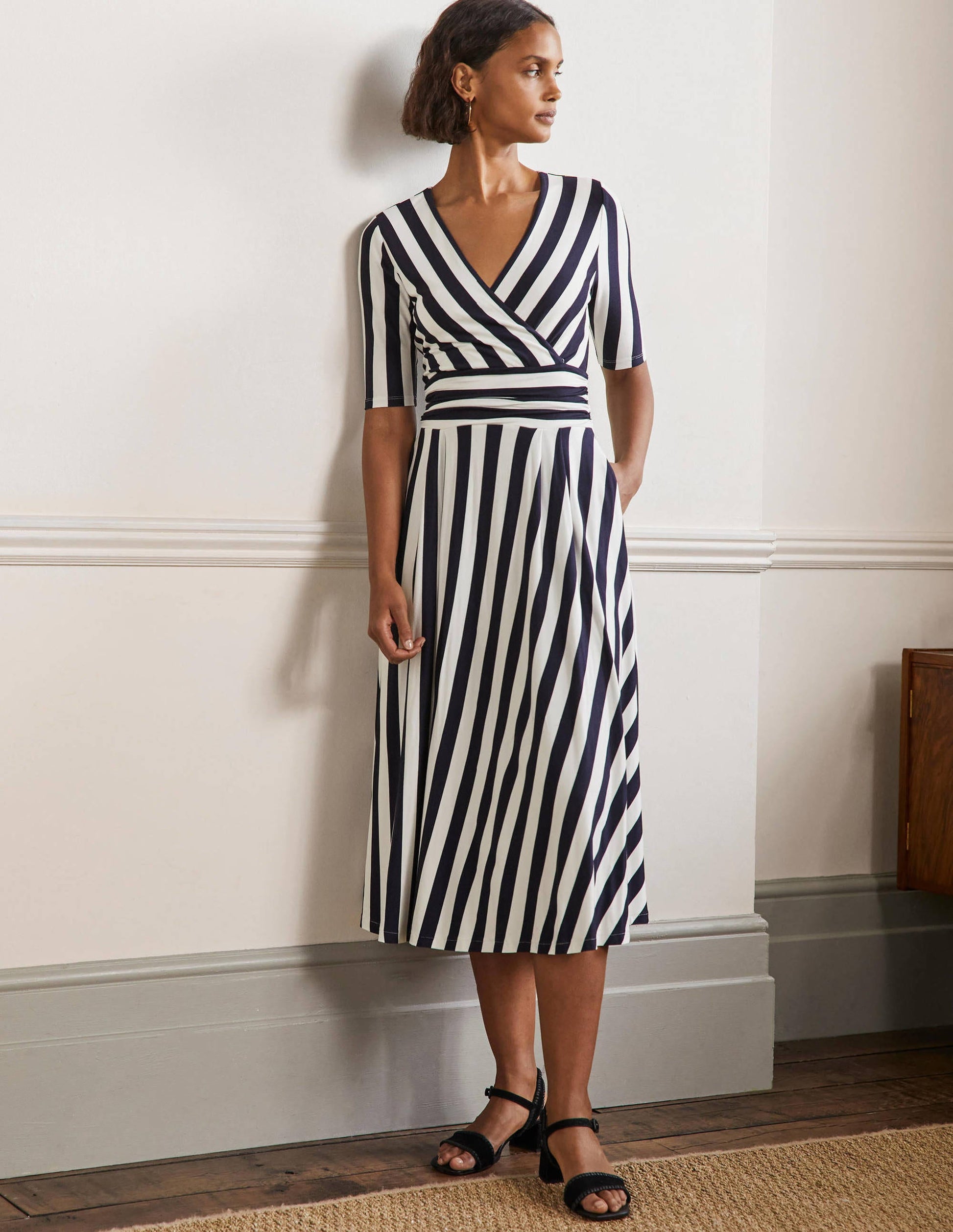 Ruched Waist Jersey Midi Dress-Navy and Ivory Stripe-1