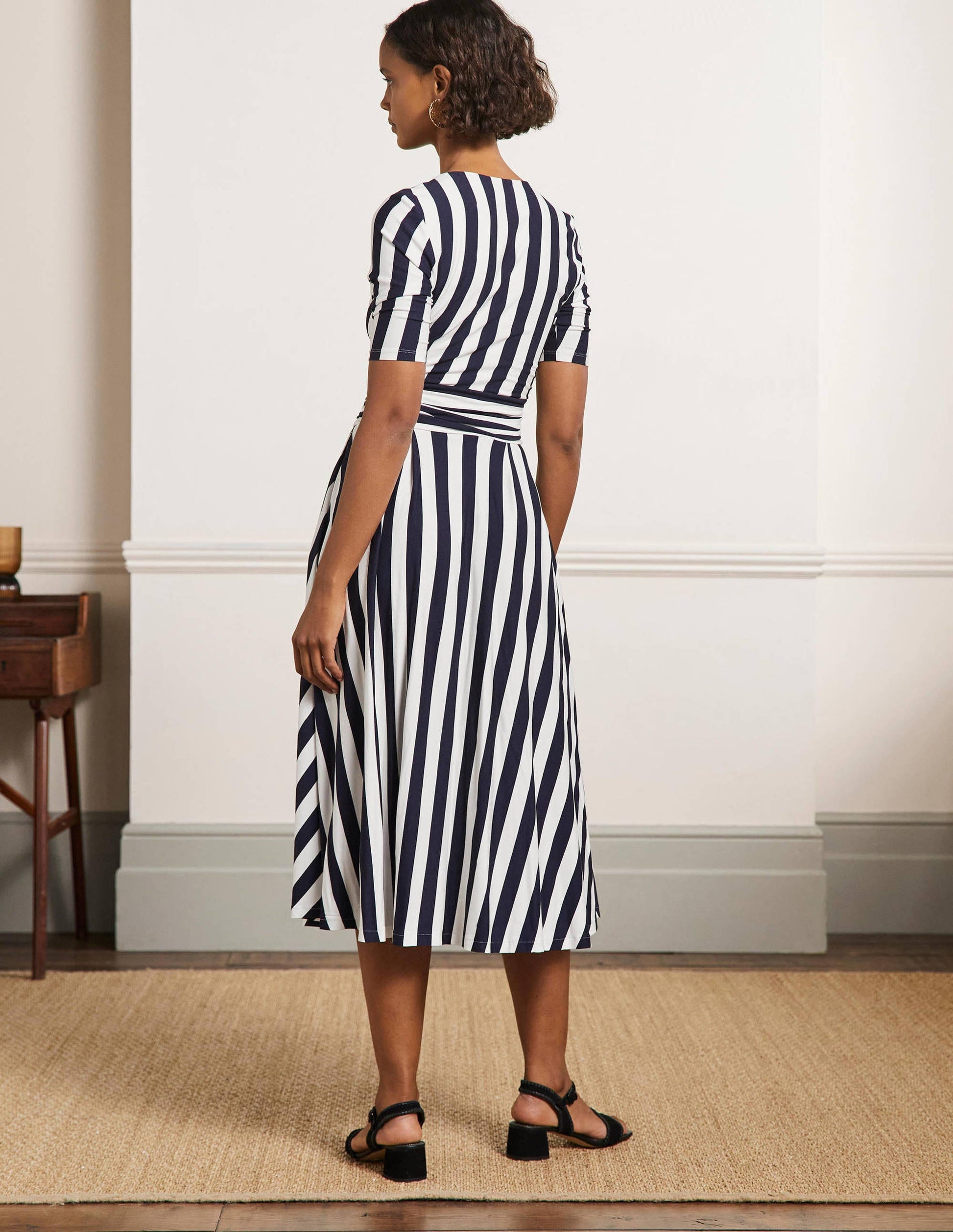 Ruched Waist Jersey Midi Dress-Navy and Ivory Stripe-3