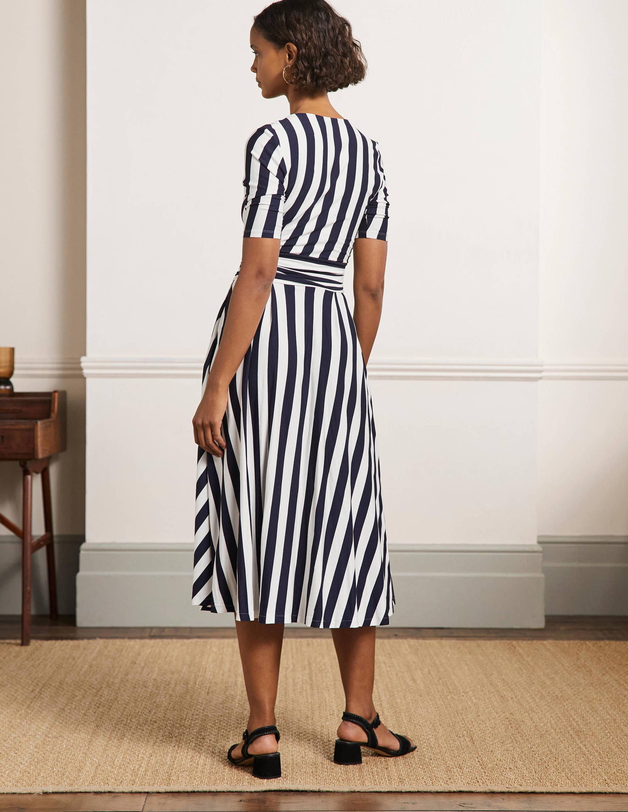 Ruched Waist Jersey Midi Dress-Navy and Ivory Stripe - Image 3