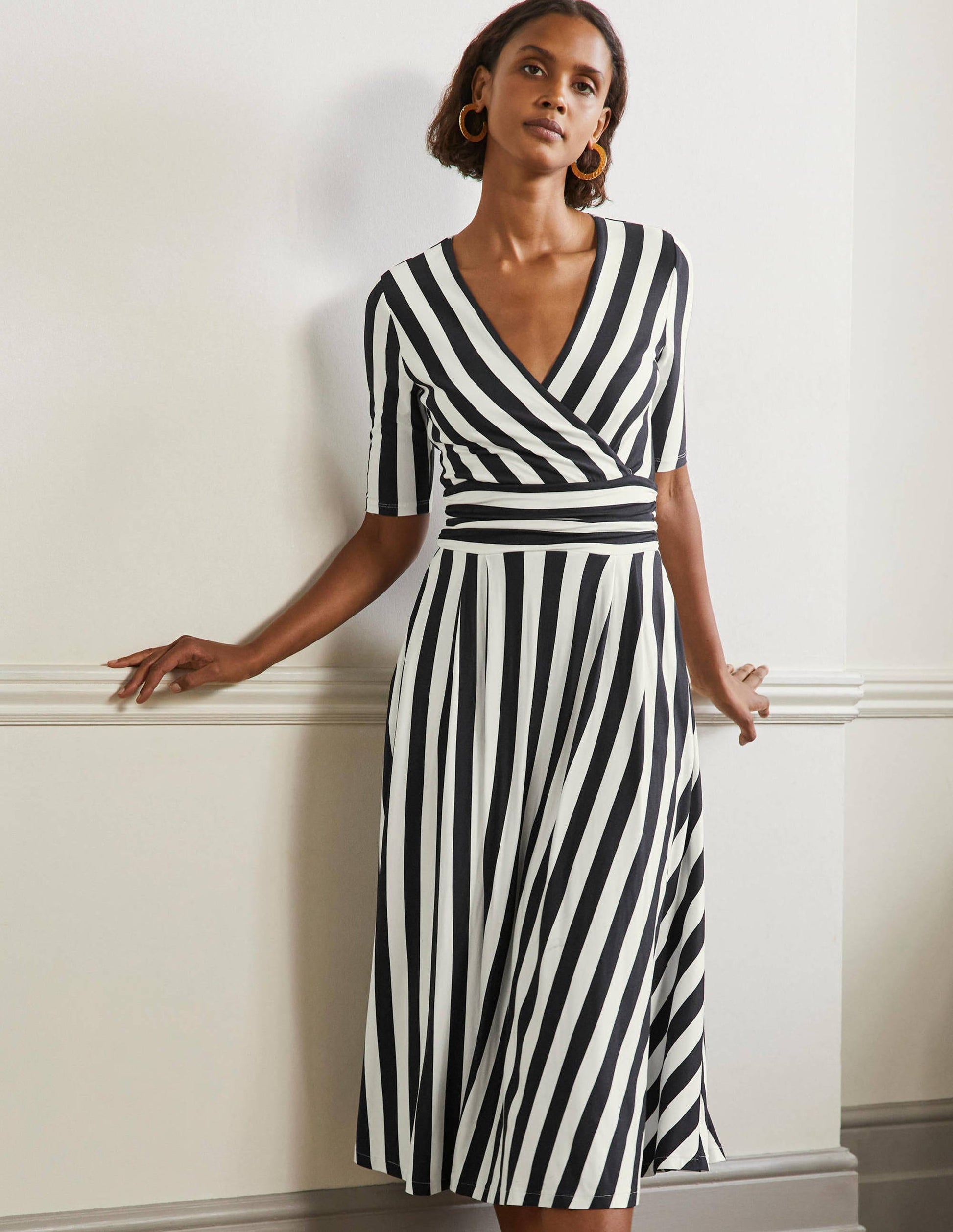 Ruched Waist Jersey Midi Dress-Navy and Ivory Stripe-4