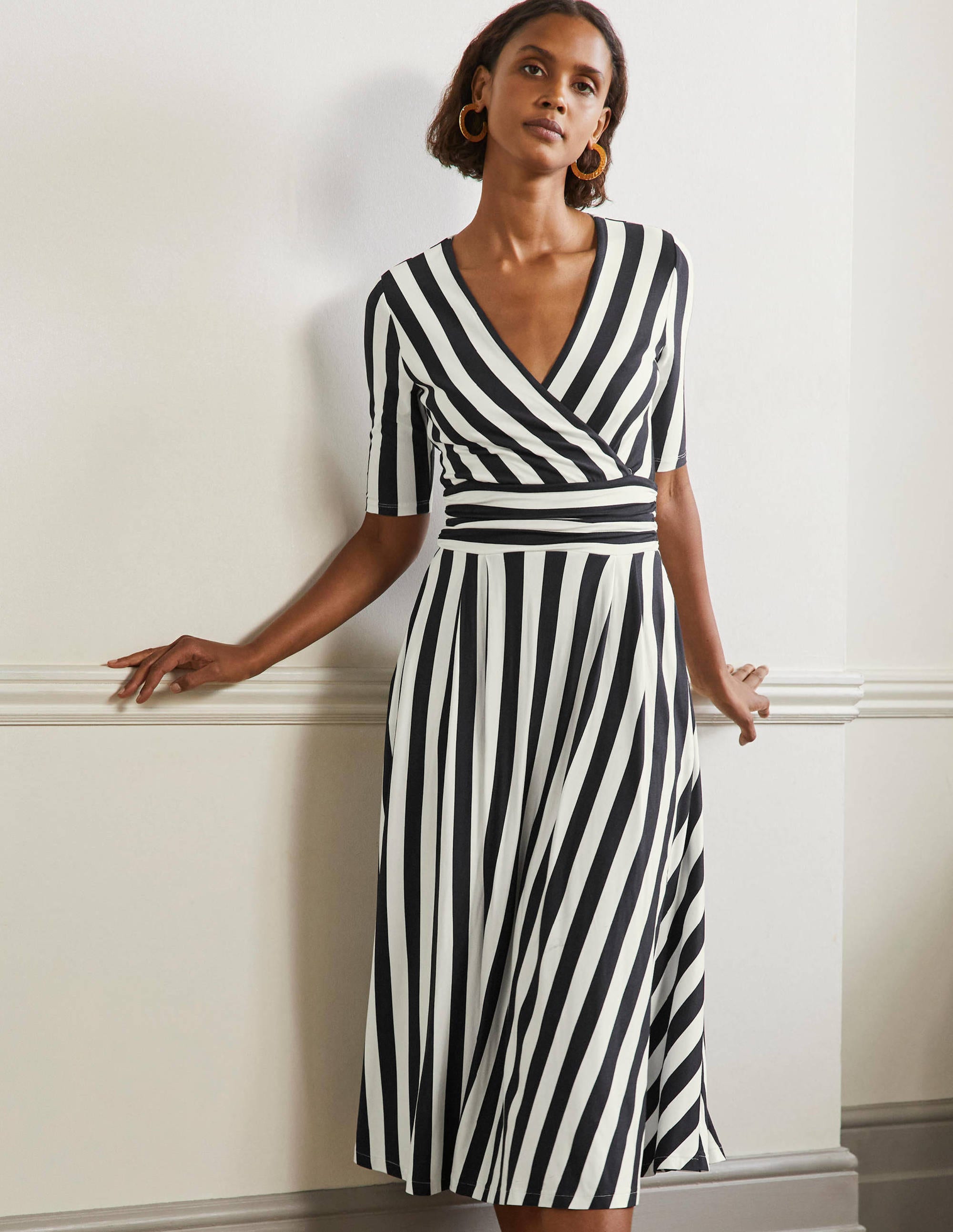 Ruched Waist Jersey Midi Dress-Navy and Ivory Stripe - Image 4