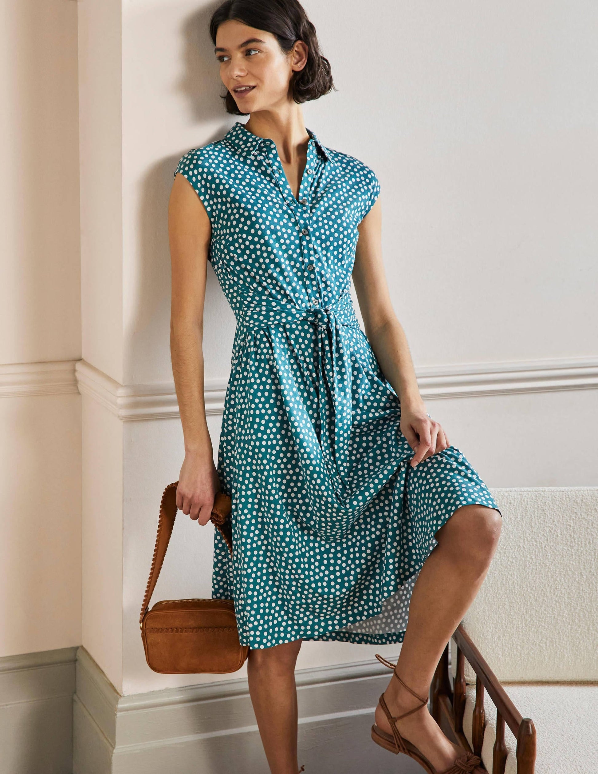 Tie Waist Jersey Shirt Dress-Colonial Blue, Scattered Dot-1