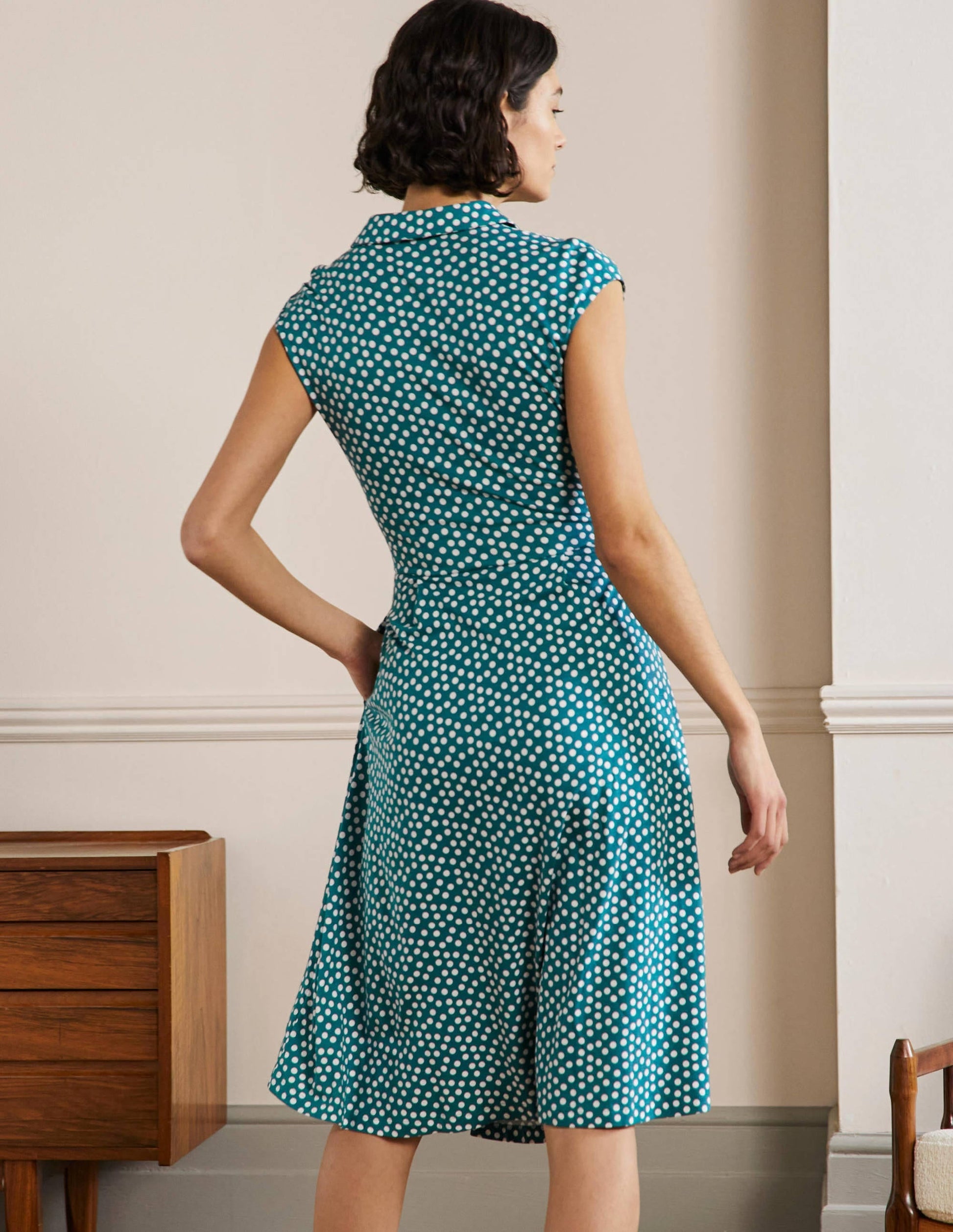 Tie Waist Jersey Shirt Dress-Colonial Blue, Scattered Dot-3