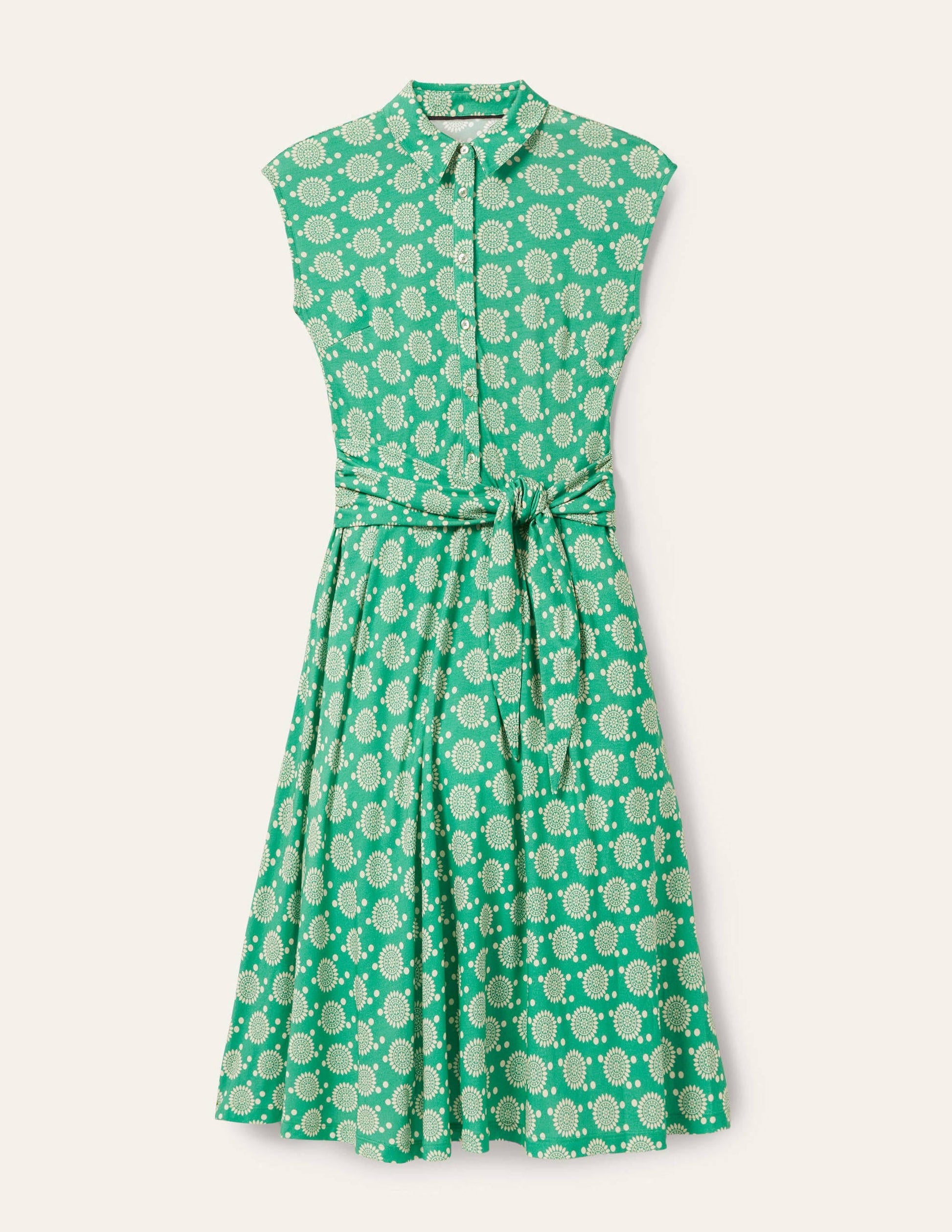 Tie Waist Jersey Shirt Dress-Rich Emerald, Sun Geo-5