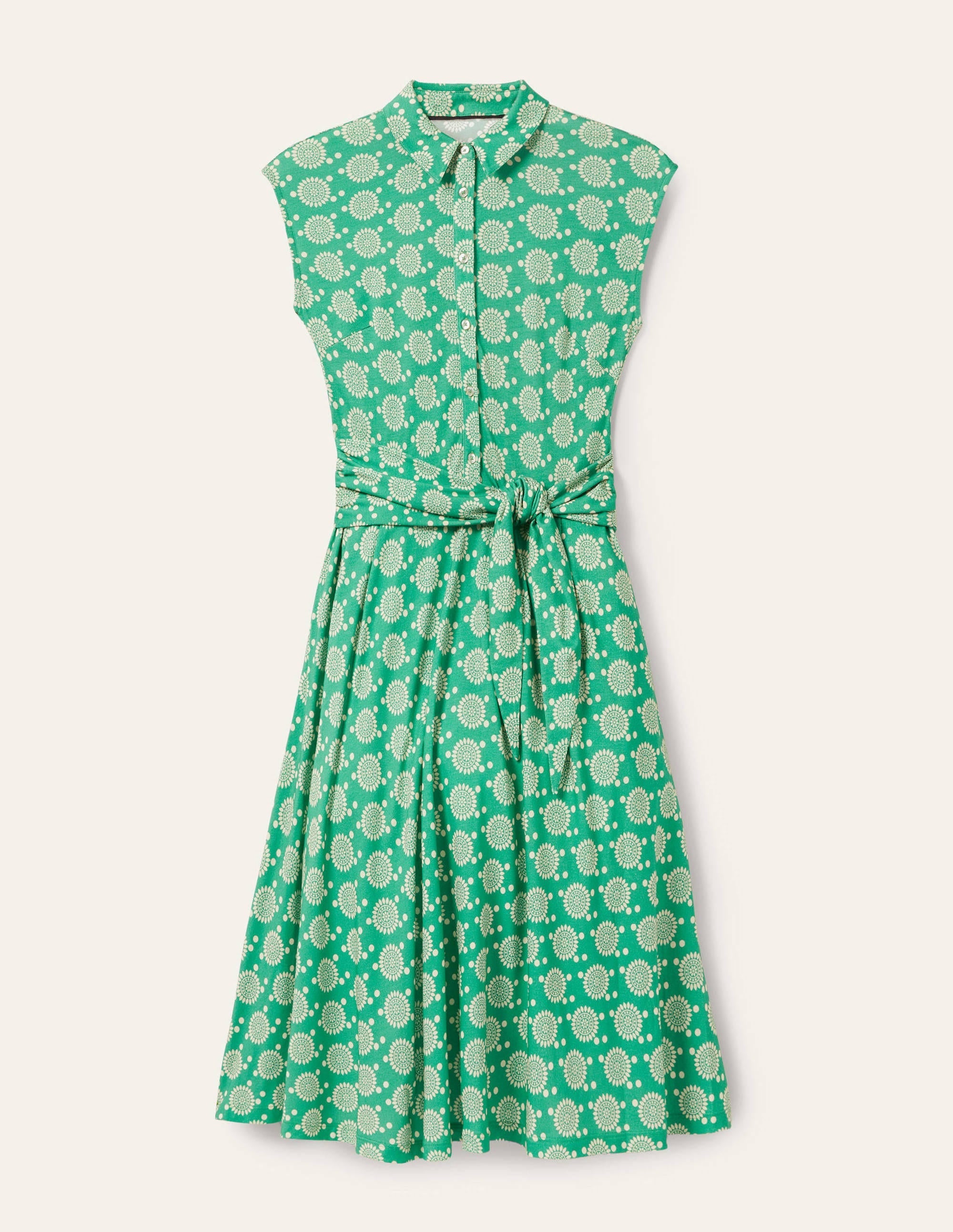 Tie Waist Jersey Shirt Dress-Rich Emerald, Sun Geo - Image 5