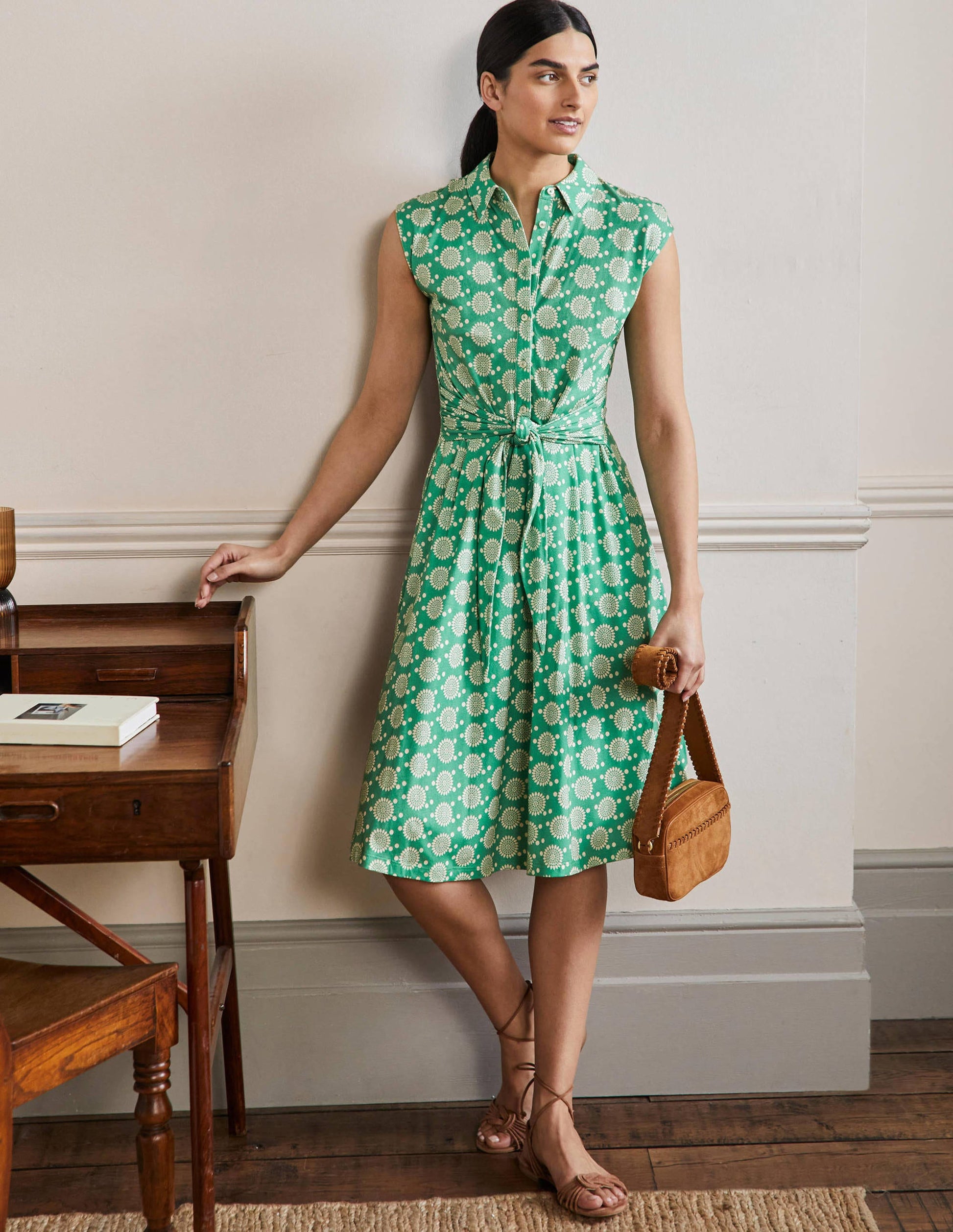 Tie Waist Jersey Shirt Dress-Rich Emerald, Sun Geo-1