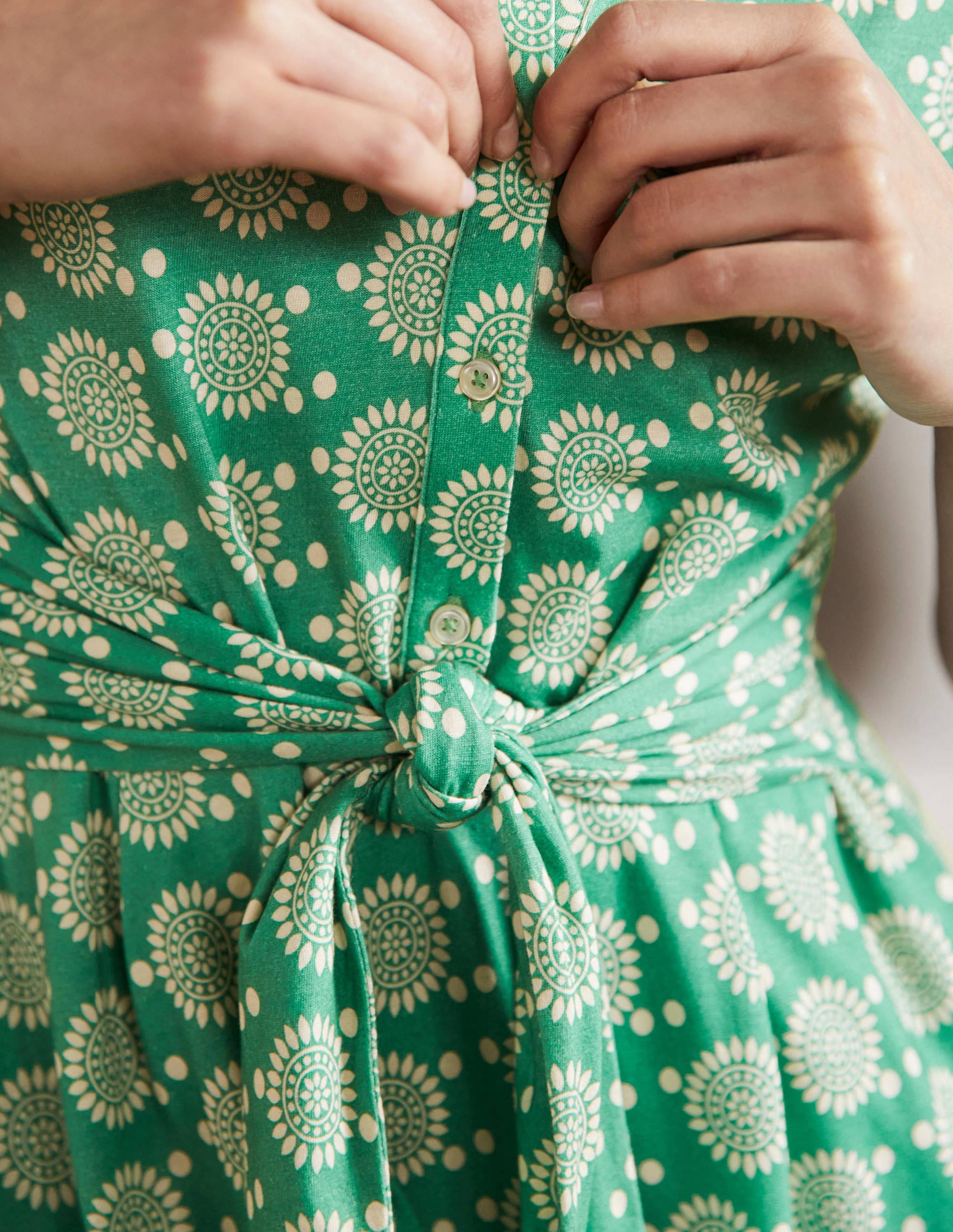 Tie Waist Jersey Shirt Dress-Rich Emerald, Sun Geo - Image 2