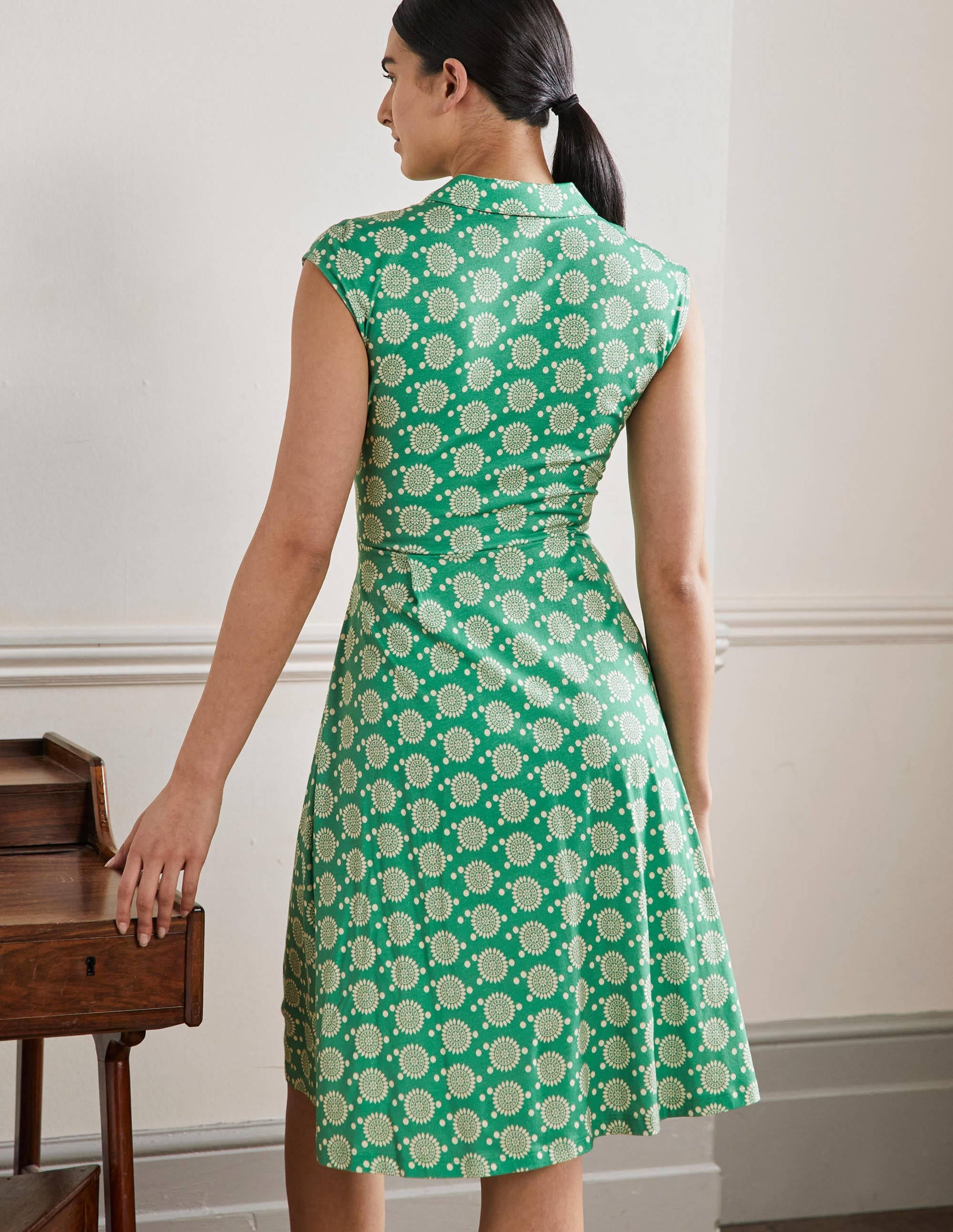 Tie Waist Jersey Shirt Dress-Rich Emerald, Sun Geo - Image 3