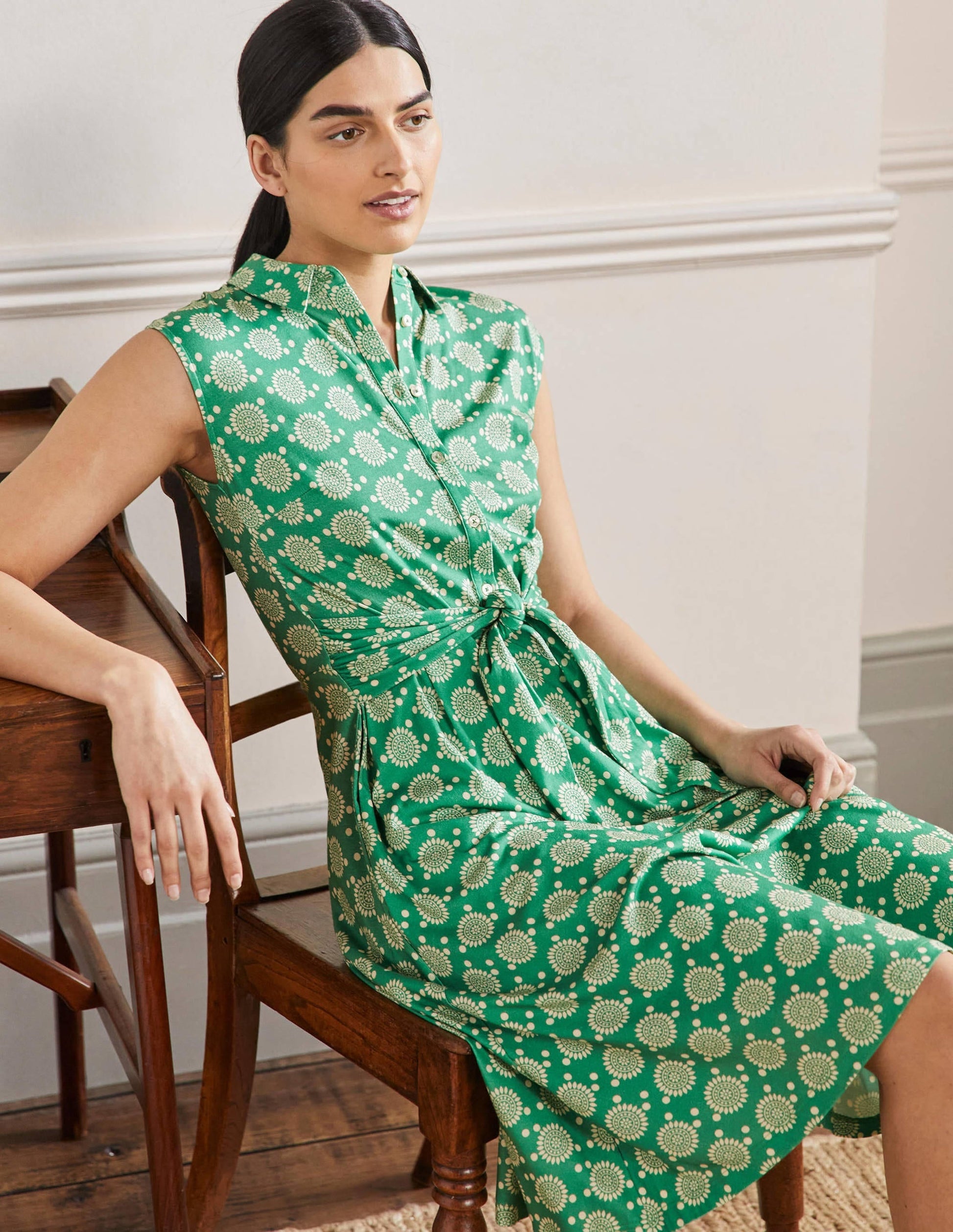Tie Waist Jersey Shirt Dress-Rich Emerald, Sun Geo-4