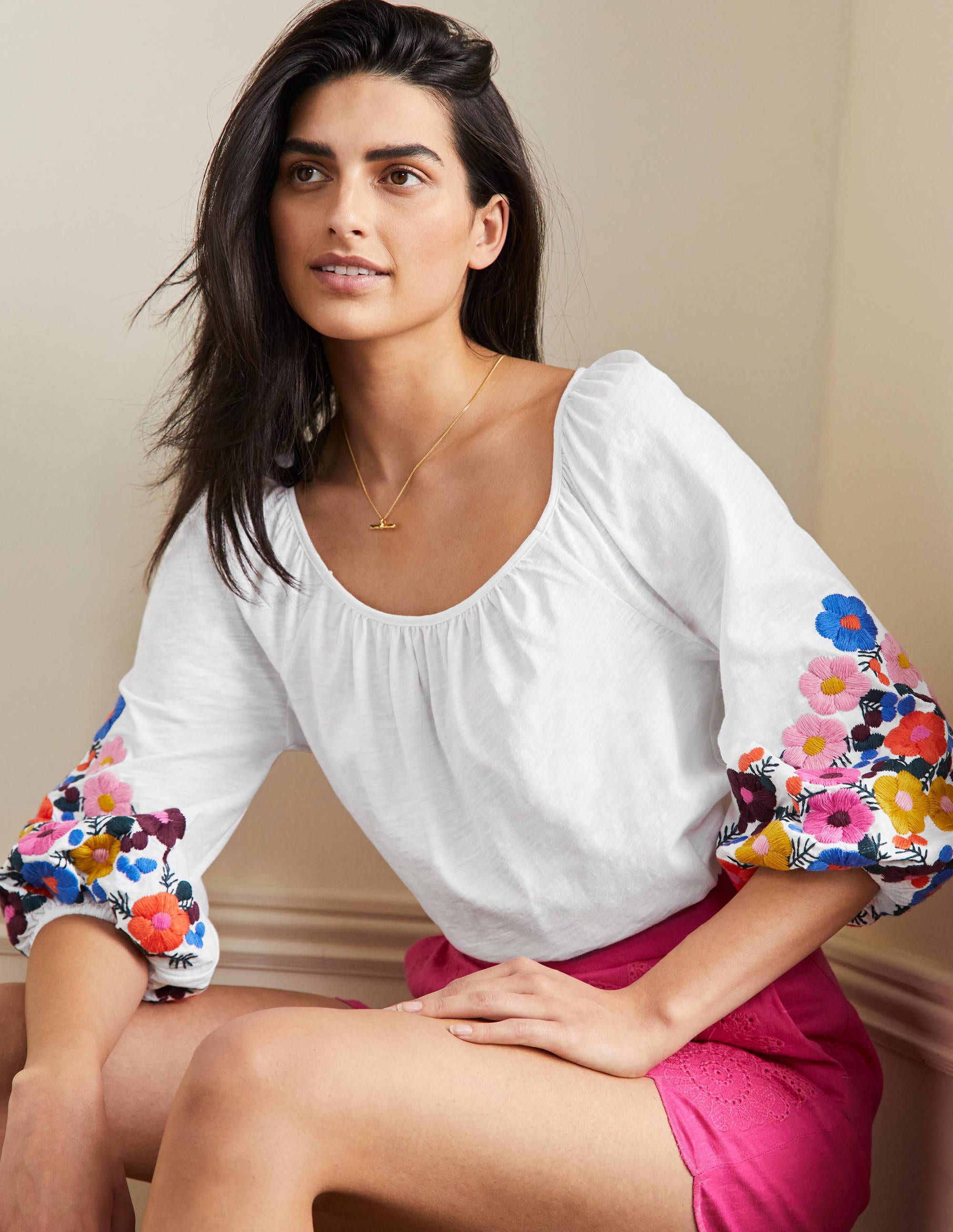 Poppy Embroidered Jersey Top-White, Multi Floral Embroidery - Image 1